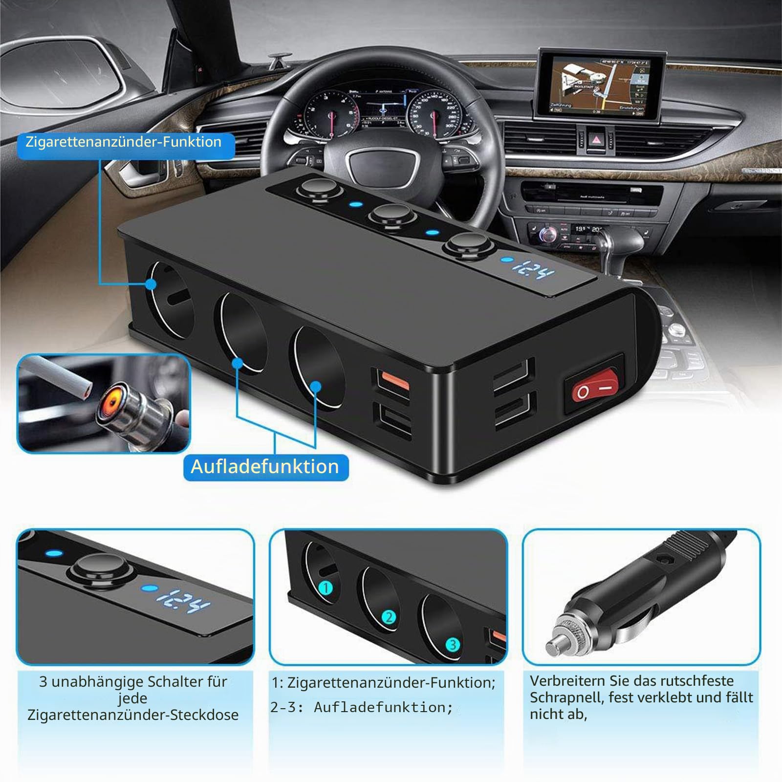 Auto Ladegerät Zigarettenanzünder Sockel Splitter 180W Zigarettenanzünder Adapter mit 4 USB Ports Separate Schalter Spannungsanzeige QC3.0 Schnellladung Für Telefon Tablets Dash Cam