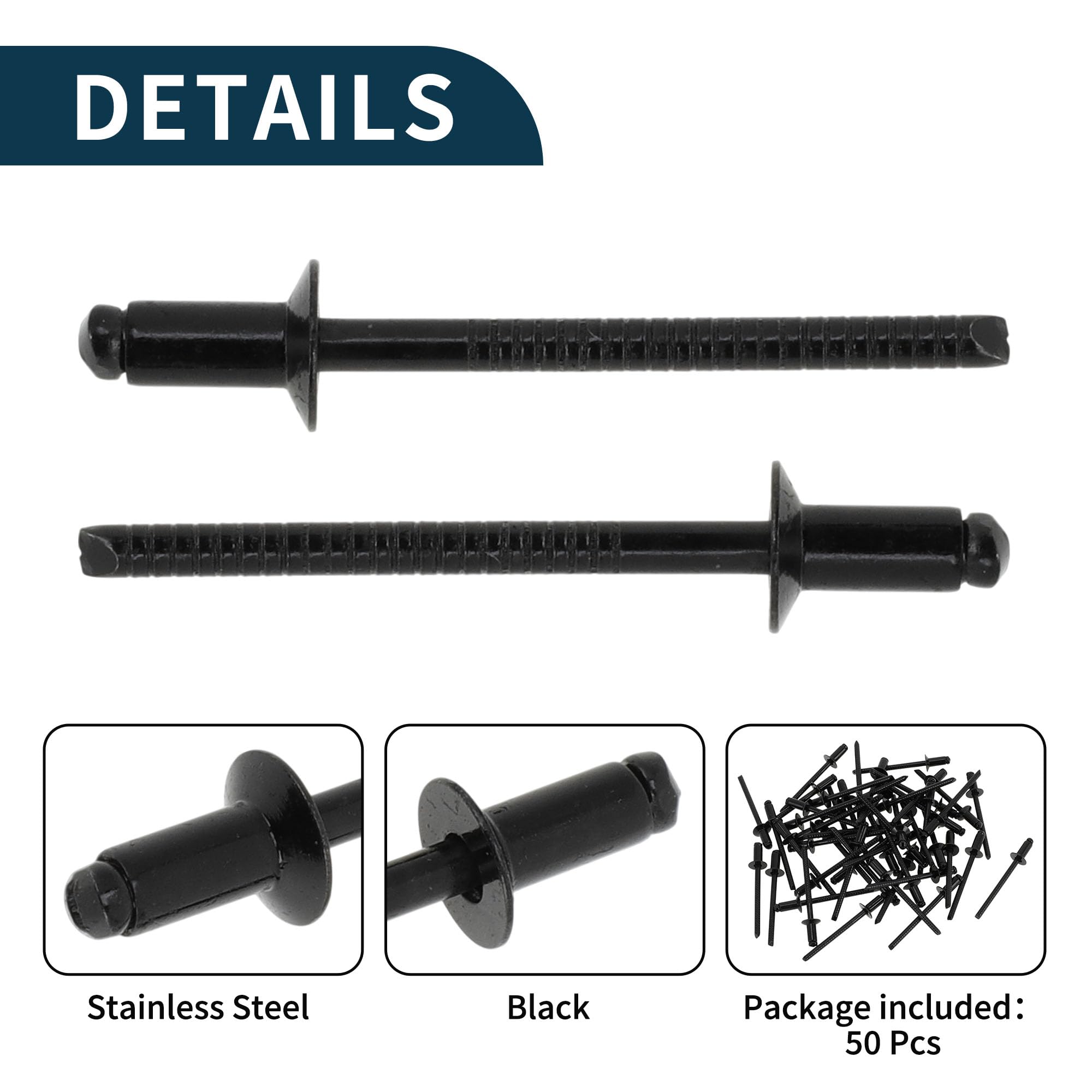 TUCKBOLD Open End Large Flange Blind Rivets Black 50 Pcs 4mm Grip Diameter 6mm Grip Length 8mm Flange Diameter Stainless Steel - Image 4