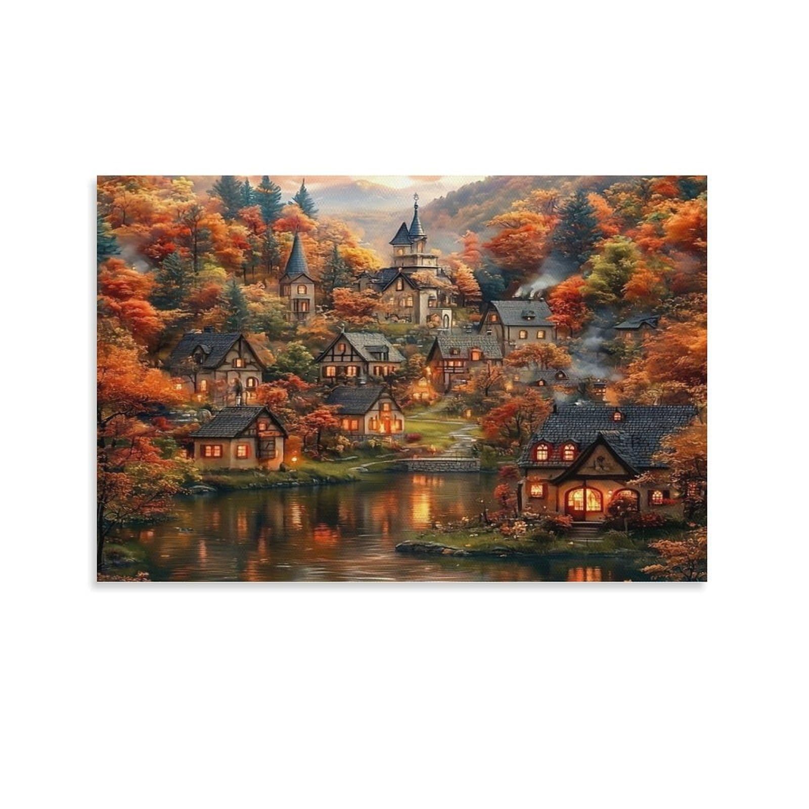 CPLVKWRQJ Autumn Village Scene Single Piece Cozy Autumn Village Painting Canvas Wall Hanging - Nursery Space Saving Removable Ready to Hang Decor 24x36inch(60x90cm)