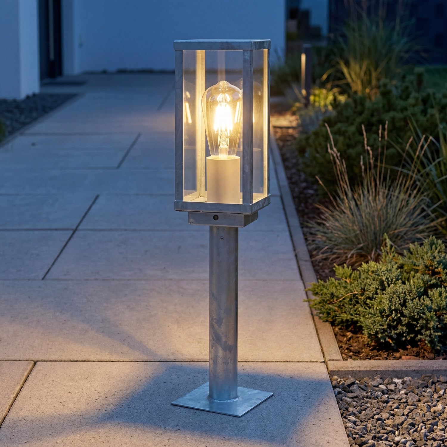 Lámpara de zócalo con sensor crepuscular vintage galvanizado aluminio IP44 resistente a la intemperie E27 Al:50 cm pequeña jardín luminaria de camino luz exterior con detector