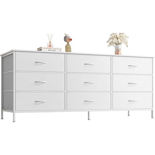 Huuger 9 Drawer Dresser, 55 Inch Dresser TV Stand for 55, 60 Inch TV, Entertainment Center with Drawers, Large Storage Fabric Dresser for Bedroom, Closet, White Dresser with PU Leather Surface
