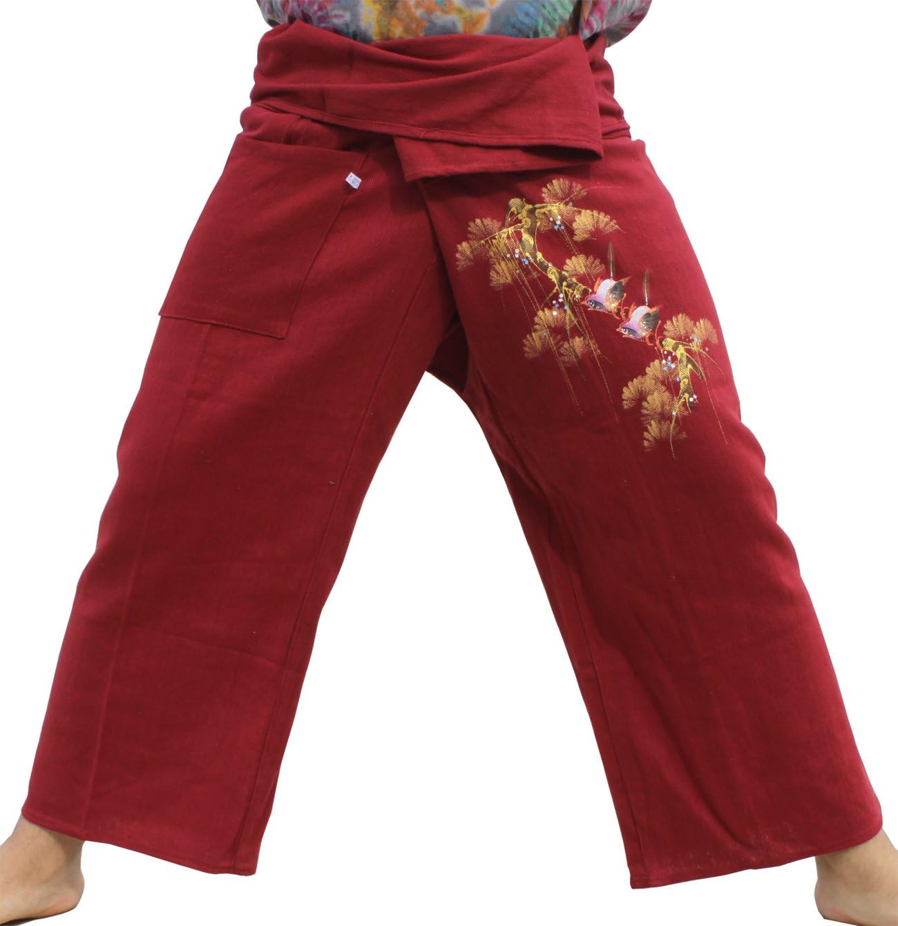RaanPahMuang Hand Painted Two Birds Fisherman Pants in Dark Red Size M