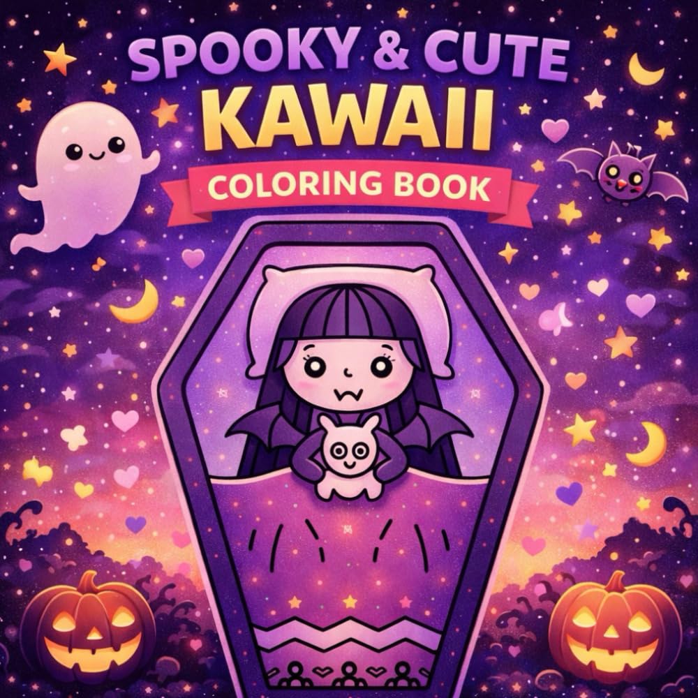 Spooky & Cute Kawaii Coloring Book: Adorable Halloween Coloring Pages with Ghosts, Vampires, Bats, Pumpkins and Magical Scenes | Easy and Fun Kawaii Designs for Kids, Teens and Adults