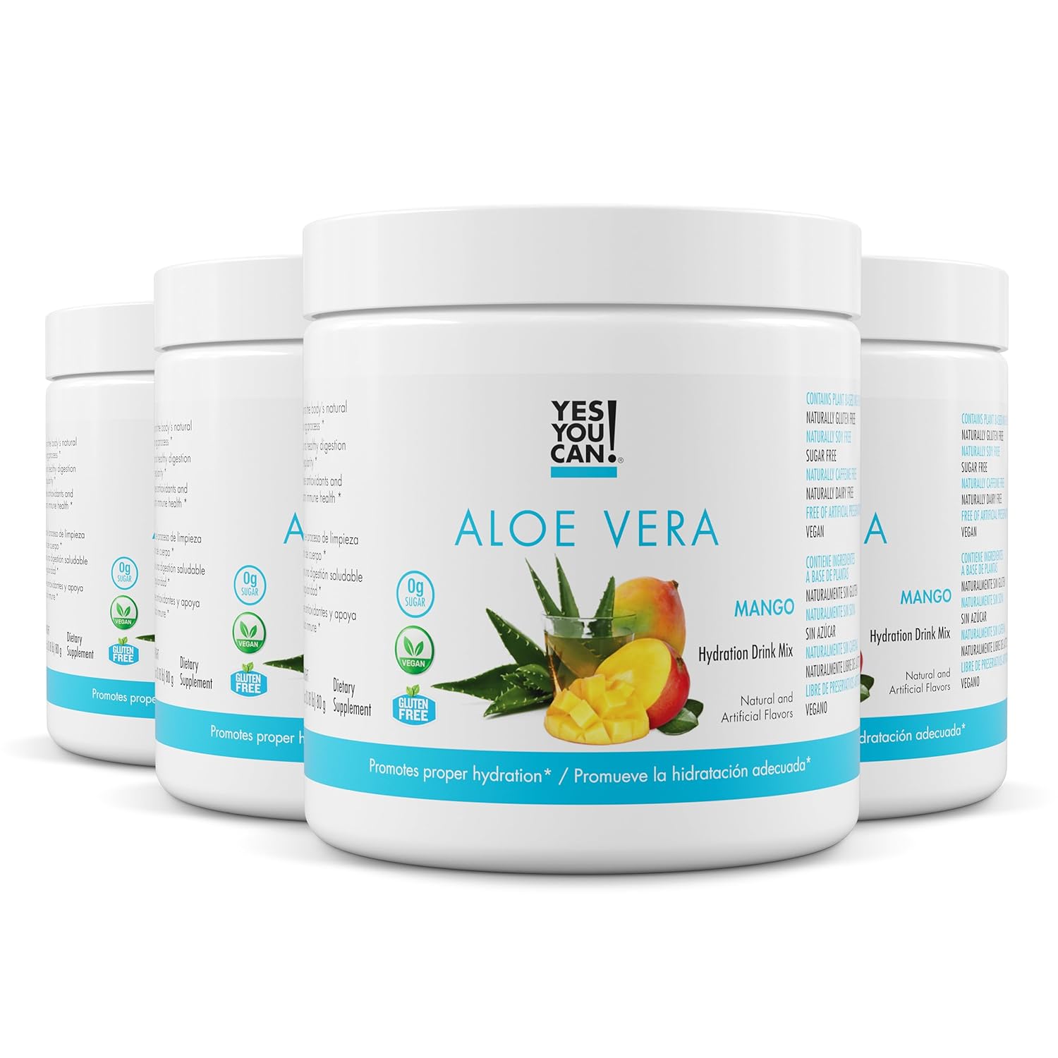 Yes You Can! Organic Aloe Vera Powder Drink Mix – Hydration Booster Infused with Pure Aloe Juice – Delicious Flavors – Made in USA – Antioxidant Rich – Mango Flavor – 40 Servings Per Canister (4 Pack)