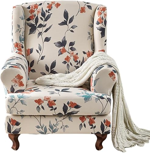 Funda para silla Wingback, 2 piezas, fundas de silla de alta elasticidad, fundas para sillón, estampado de plantas, lavables, fundas de cojín