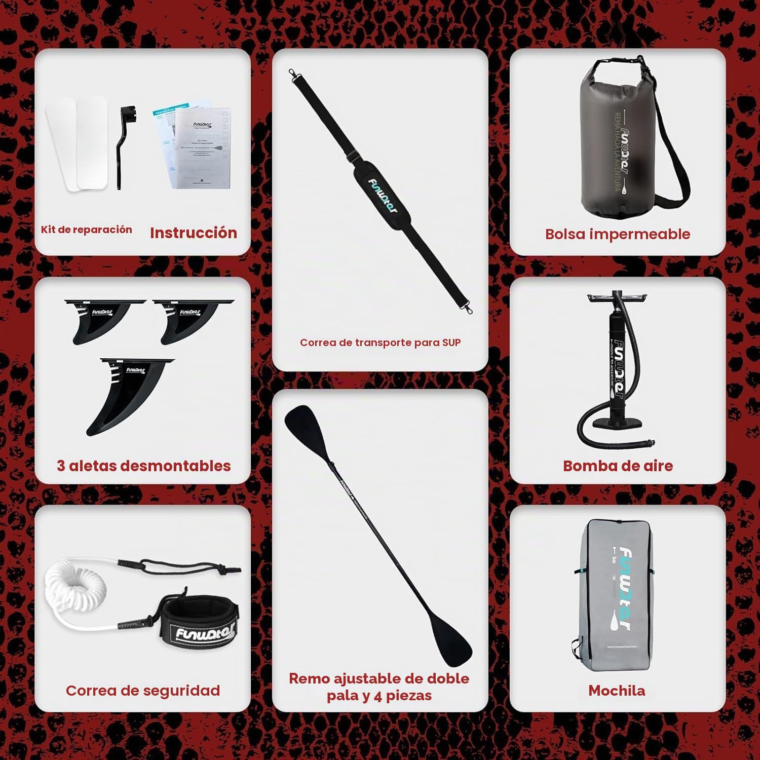 FunWater Tabla Hinchable de Stand Up Paddle Board Sup Paddle Board con Remo Ajustable, Bomba de Mano, Antideslizante Eva Deck, Correa de Seguridad, para Adultos