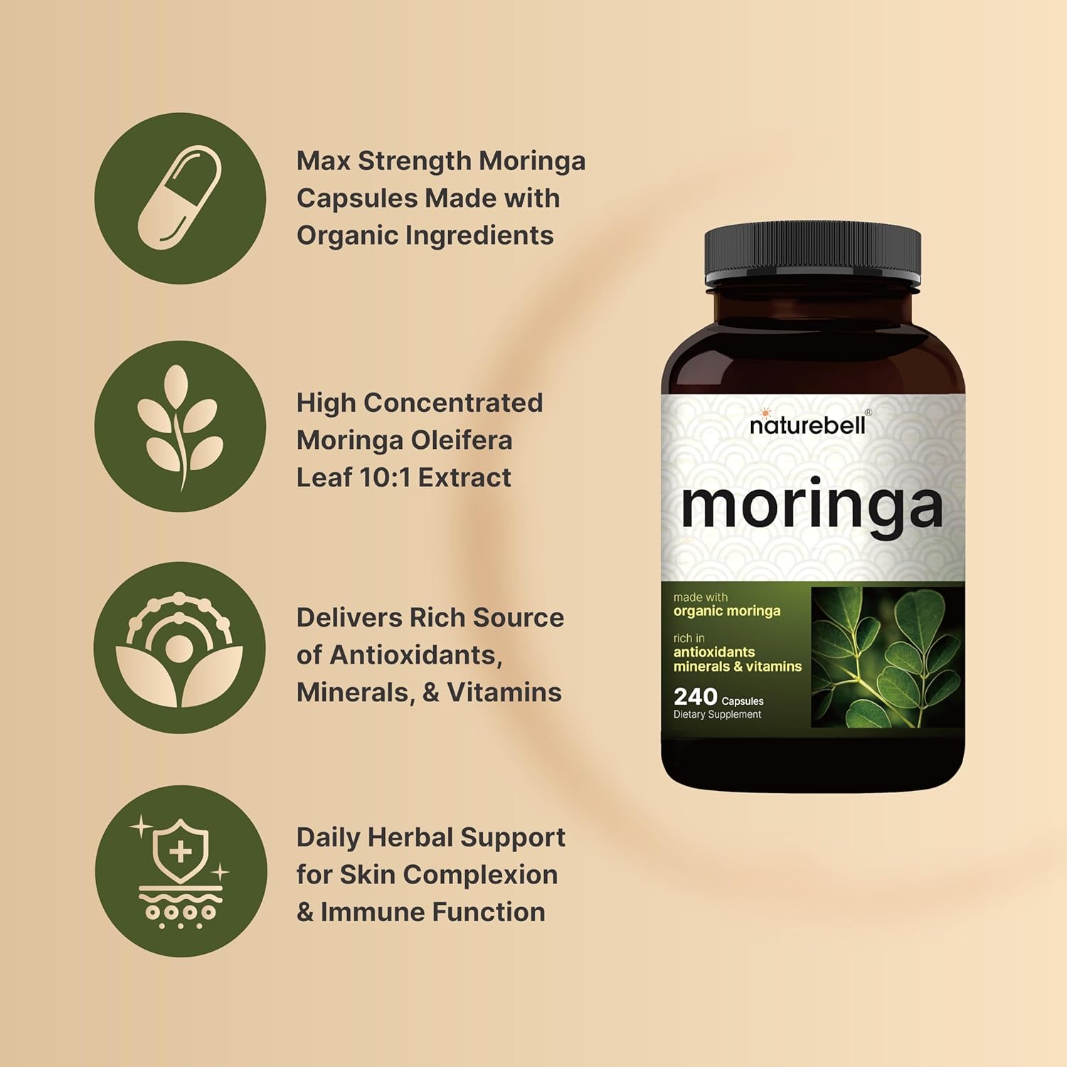 NatureBell Moringa - 240 Capsules - Organic Moringa for Immune, Energy & Skin Health Support* - Green Superfood Properties - Image 3
