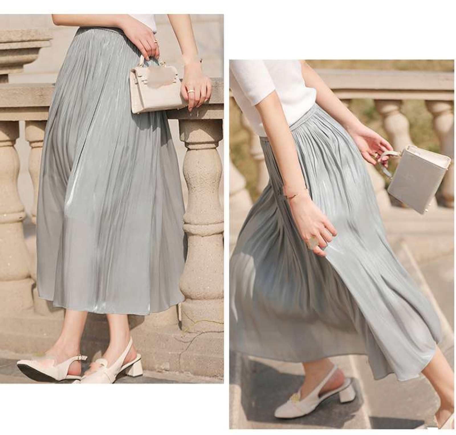 Jupe Taille Haute en Satin De Soie pour Femme - Jupe Trapèze en Maille De Couleur Unie pour L'Été Jupe Mi-Longue Polyvalente Jupe Parapluie Élancée, Jupe Drapée Douce Et Soyeuse À La