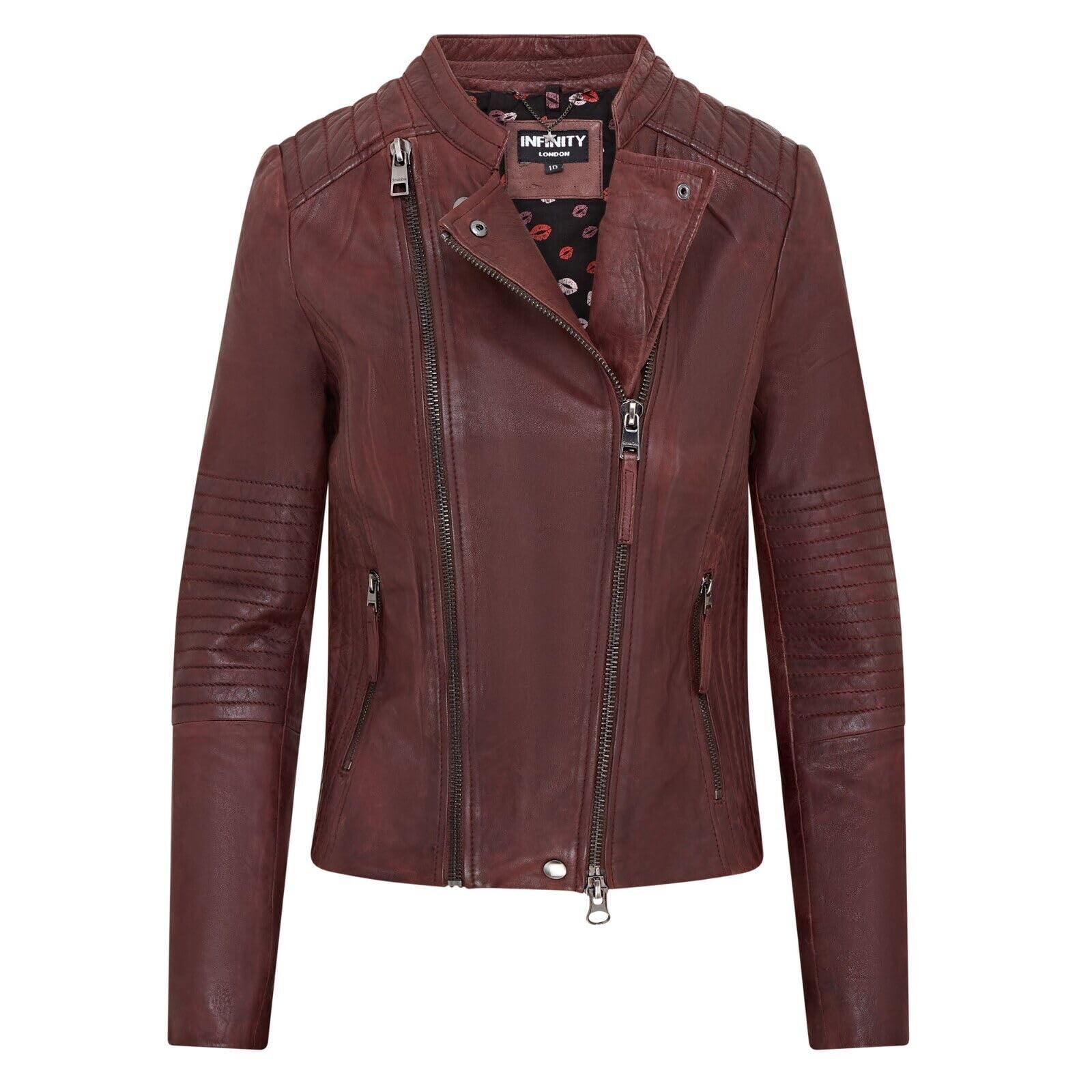 Burgunderrote Klassische Gesteppte Motorradfahrer Lederjacke Für Damen