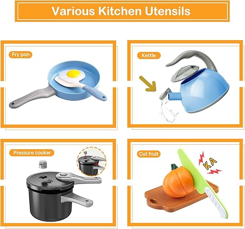 Miniatura 67 de Juego de cocina de 130 piezas, ollas de juego de cocina para niños, sartenes, utensilios de cocina, alimentos diarios, frutas y verduras, cesta