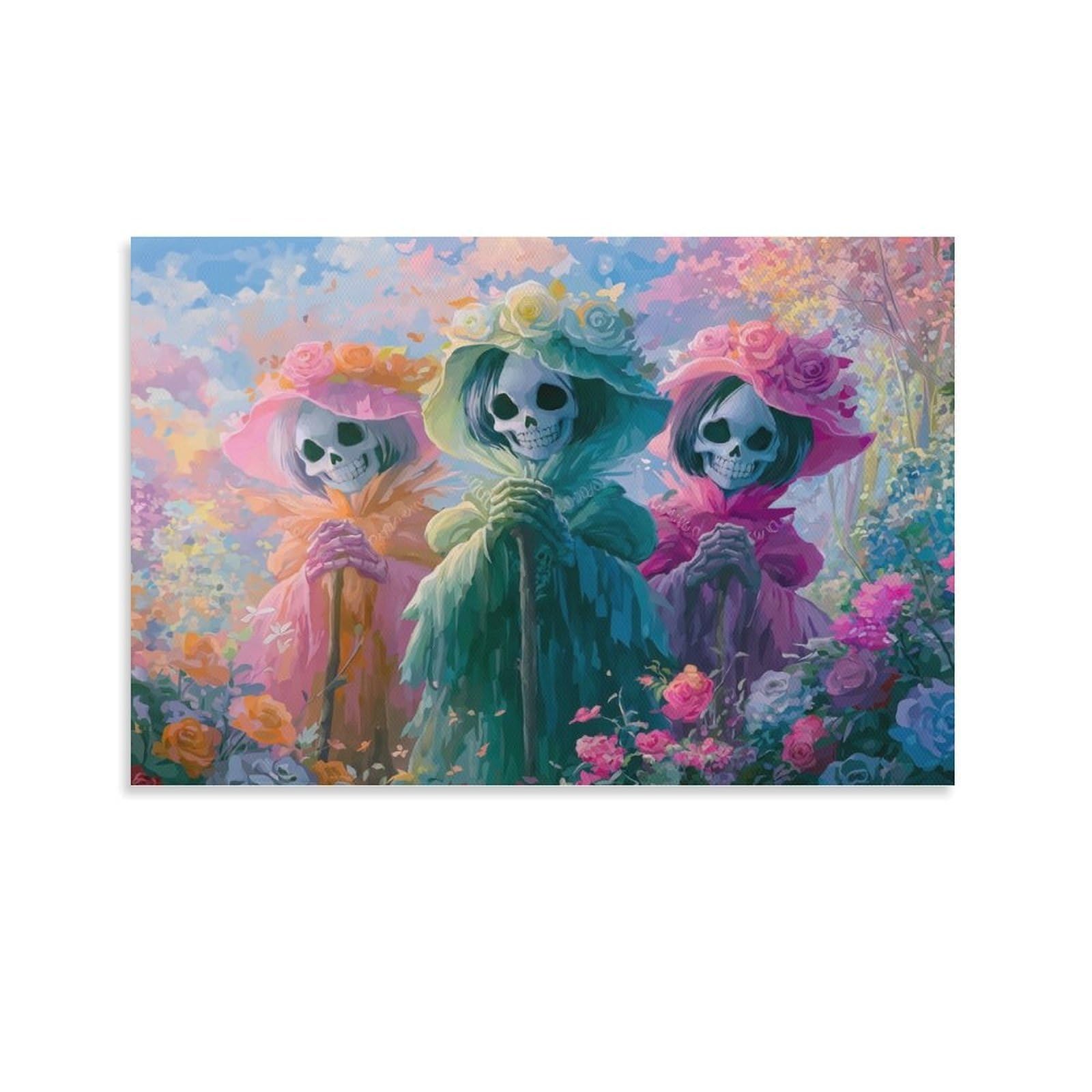 CPLVKWRQJ Skeletons in Flowers Single Piece Three Sugar Skulls Pastel Flower Cloudy Sky Canvas Print - Kitchen Canvas Wall Decor Easy to Clean Removable Focal Point 20x30inch(50x75cm)