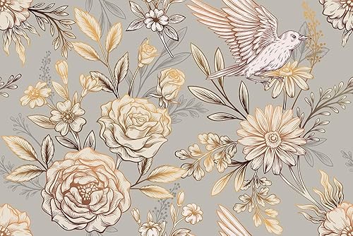 Papel tapiz de 17.7 x 236.2 pulgadas, diseño floral de rosa dorada, papel de contacto con flores de pájaro volador, papel tapiz vintage para muebles
