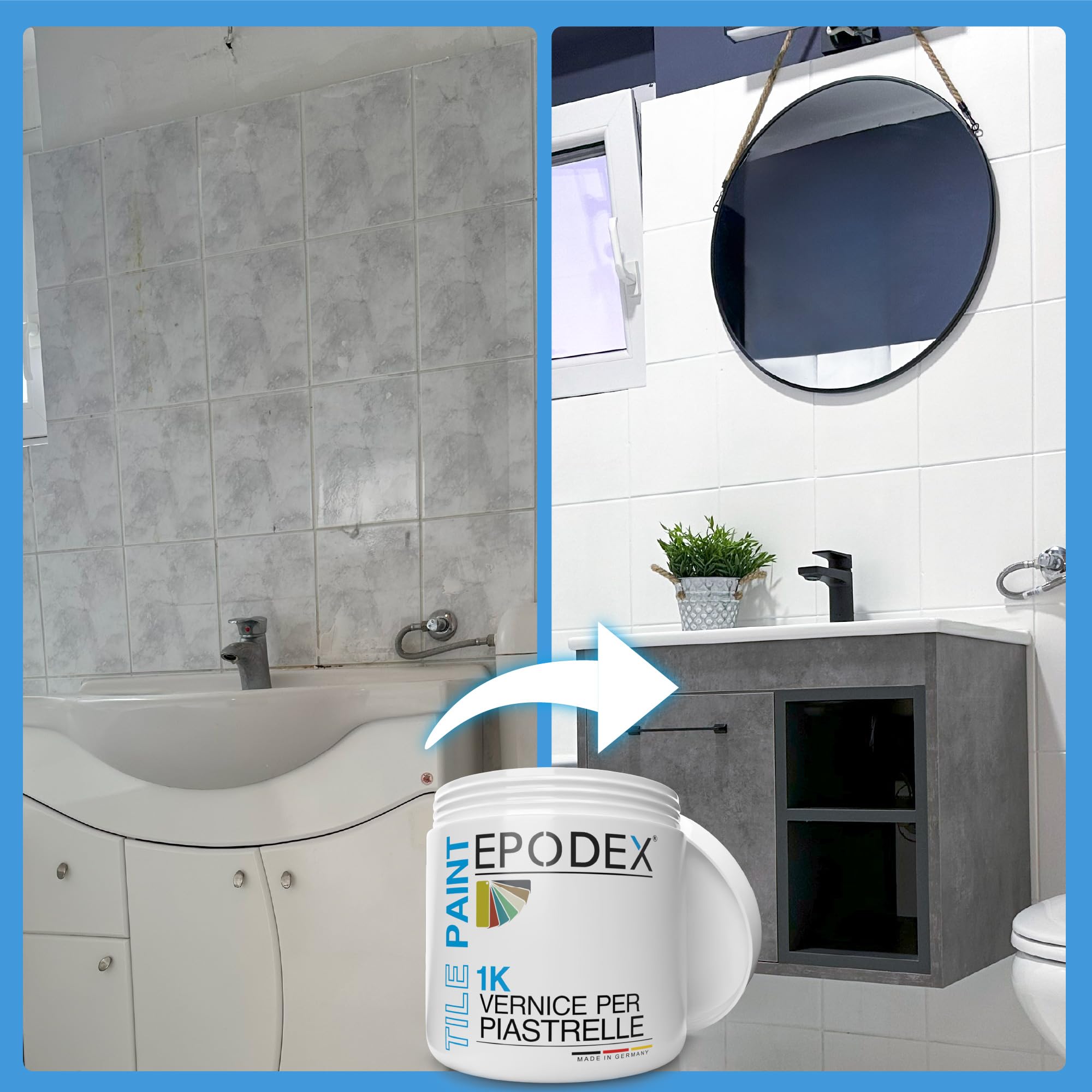 EPODEX 1K Vernice per piastrelle con accessori per cucina, bagno e altro, smalto satinato per piastrelle da pareti interne, 1kg (8m² per mano) - Grigio argento