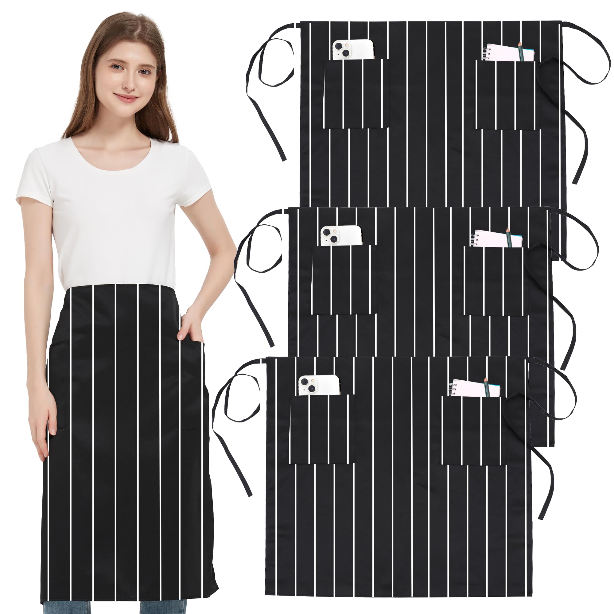 FunChaos 3 Pack Waist Apron with 3 Pockets, Black White Waitress Waiter Aprons for Women Man, Water Resistant Server Aprons Long Straps Bistro Apron for Chef Restaurant Work Bar (27.95''X 31.5'')