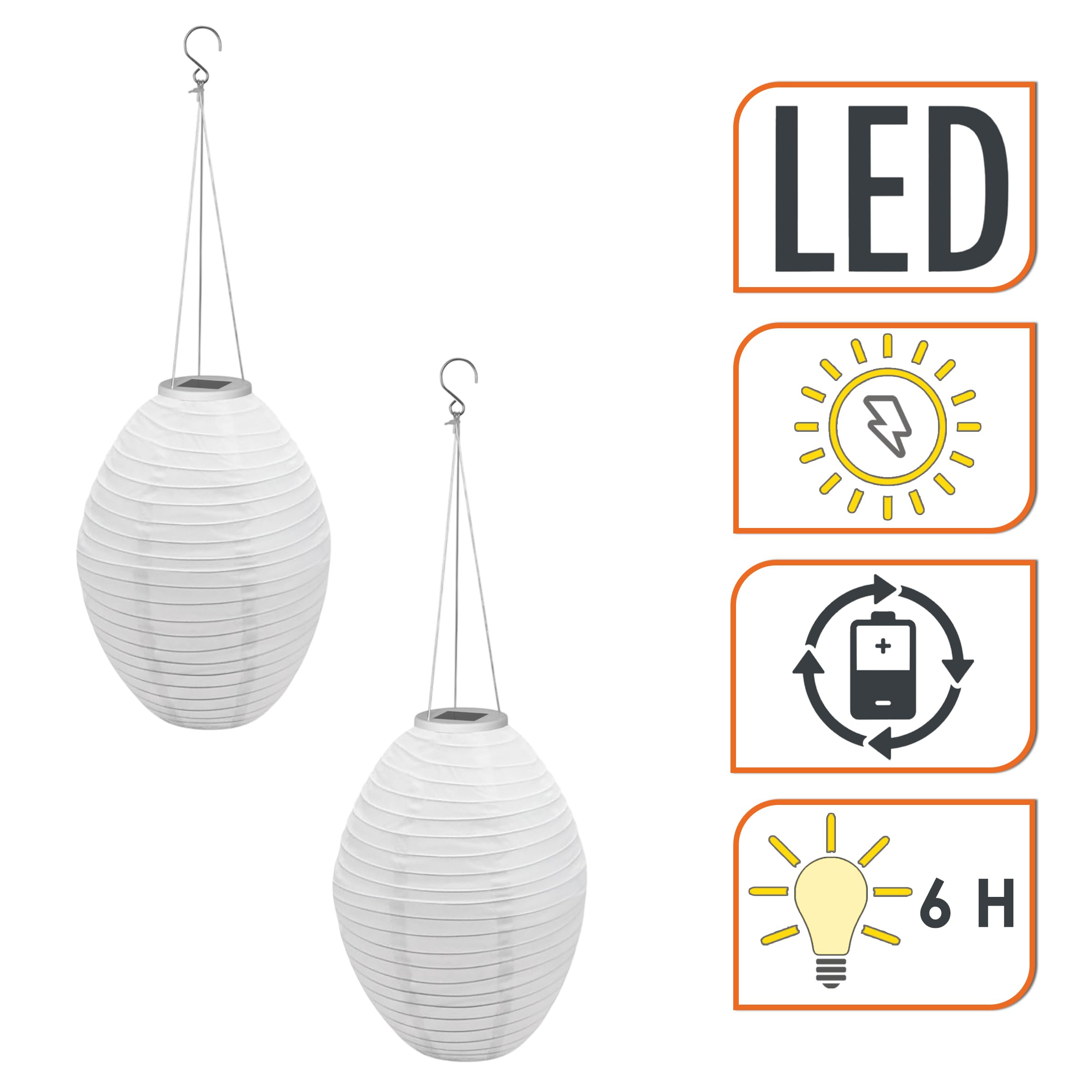 LED Solar Lampion oval 33 x 22 cm aus Nylon - 2er Set - Garten Deko Beleuchtung warm weiß - Solarleuchte Laterne Leuchtkugel Dekoleuchte Partylicht für Außen wetterfest