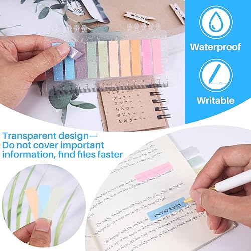 Miniatura 3 de moinkerin - 200 pestañas adhesivas transparentes con regla, pestañas adhesivas para libros, PET, multicolor, para marcadores, estudio, oficina,