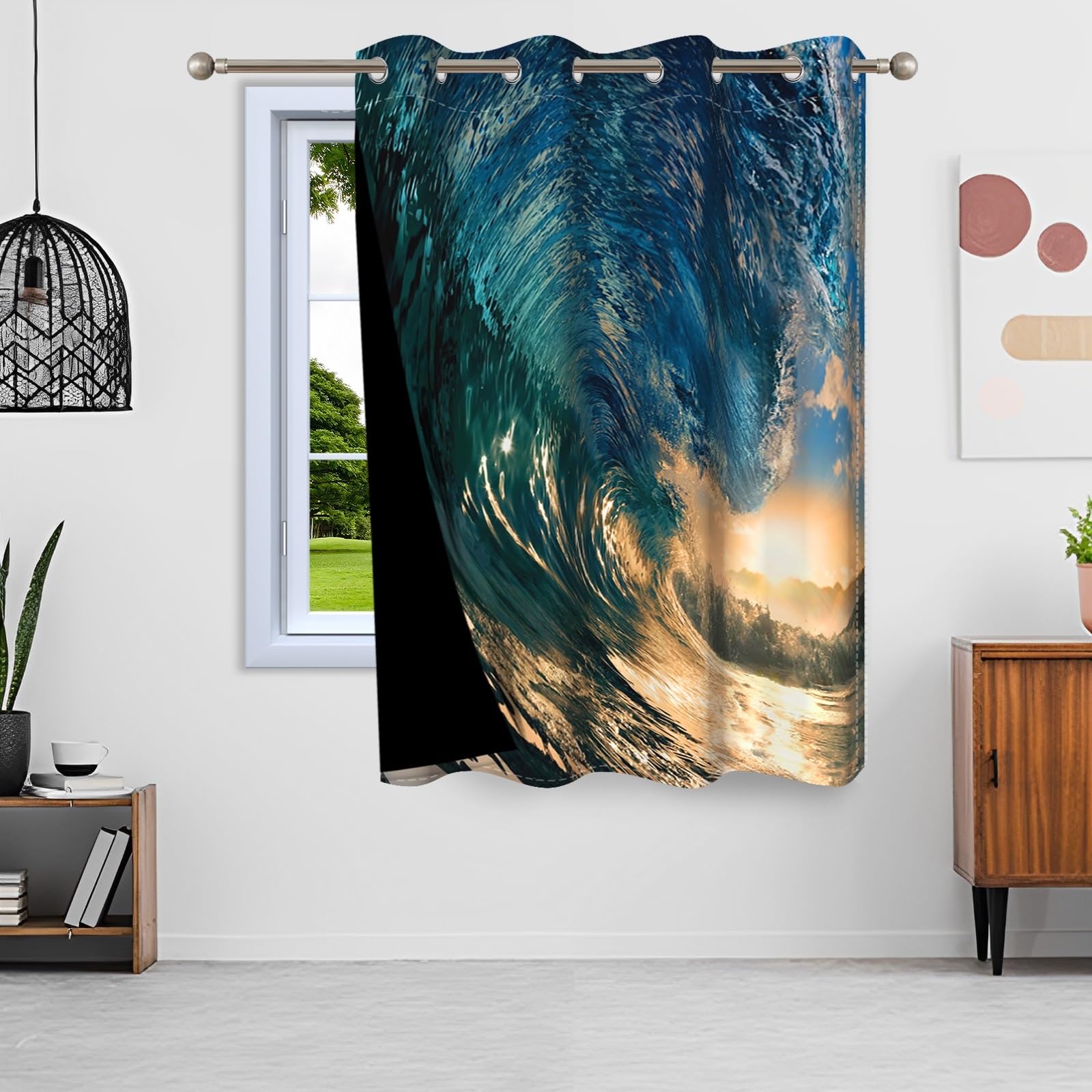 ggaimwf 42"x 63" Ocean Eyelet Curtain Blue Sea Wave Sunset Picturesque Natural Scenery Nautical Theme Thermal Grommet Room Dividers Blackout Window Drapes for Bedroom Living Room,1-Single Panel - Image 4
