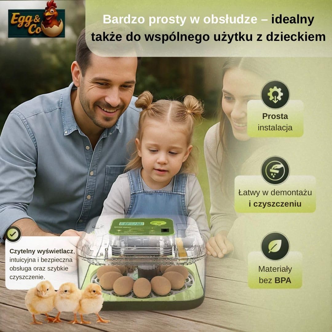 Egg&Co Start 12 – Automatyczny inkubator na 12 jaj kurzych (36 przepiórczych). Precyzyjna wilgotność, automatyczne obracanie, butelka i ovoskop w zestawie. Dla początkujących i zaawansowanych. | Osiągnij sukces od 1. inkubacji • W zestawie przewodnik Egg&