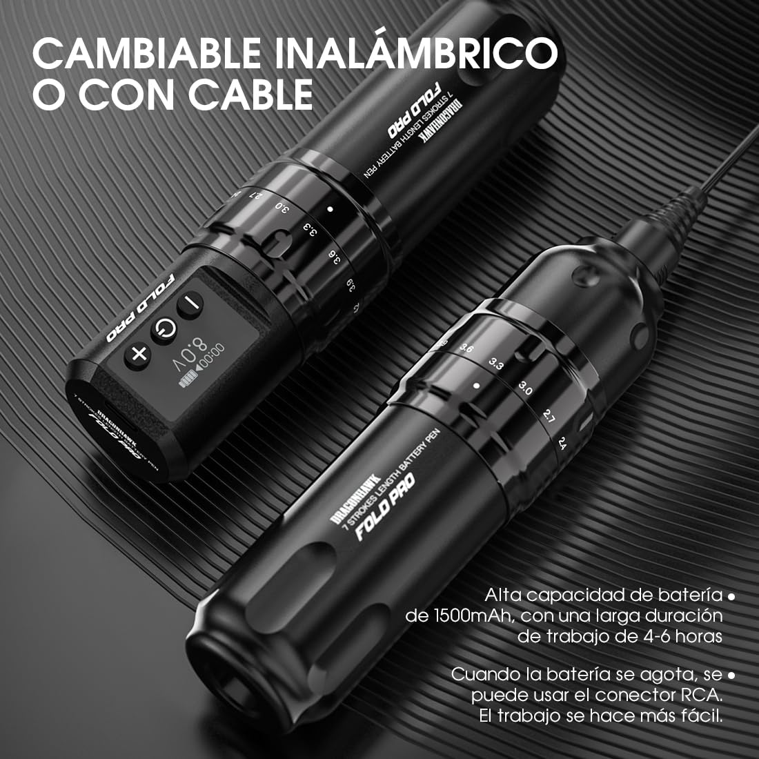 Dragonhawk Fold Pro Máquina de tatuar inalámbrica Bolígrafo con batería de 7 carreras 2.4-4.2mm, 2pcs batería de 1500mAh para tatuadores profesionales