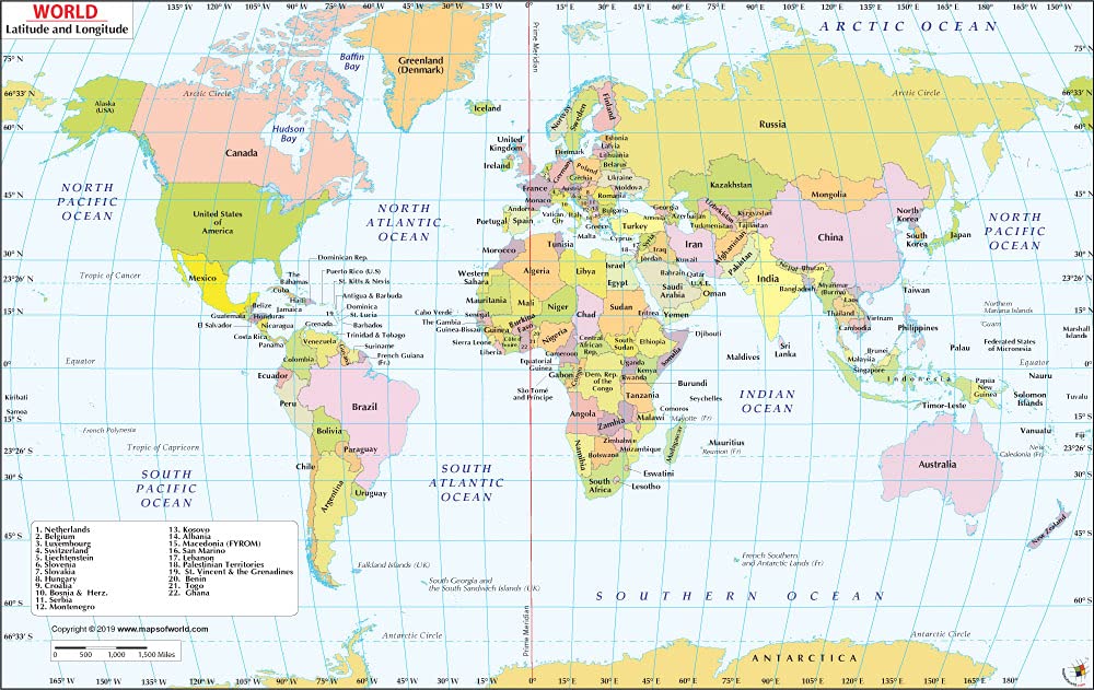 World Map With Latitude And Longitude Laminated 36 W X 23 H 