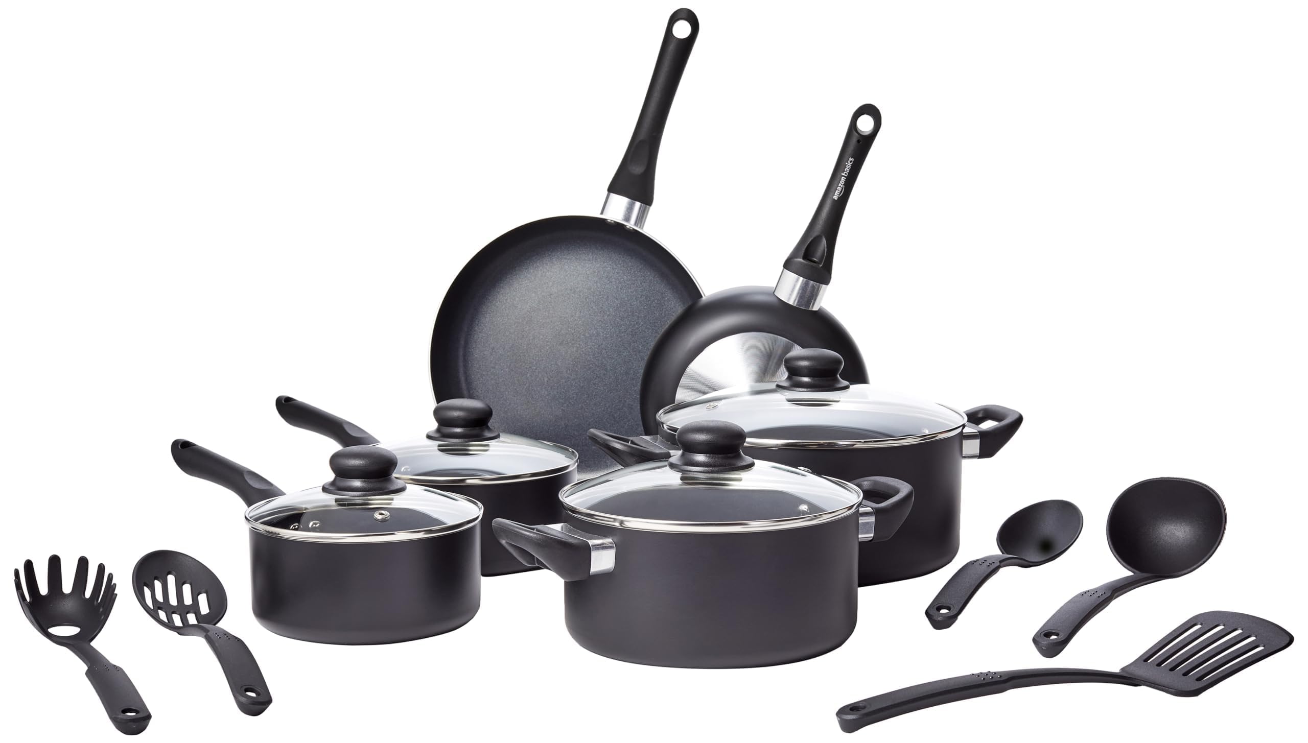 Amazon Basics Töpfe-Set, Keramik-Antihaft-Kochgeschirr, 15-teiliges Set, Töpfe, Pfannen und Utensilien, Schwarz