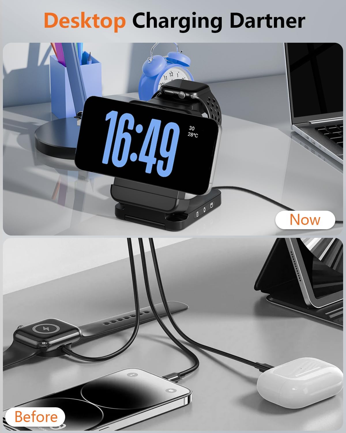 3 in 1 Foldable Wireless Charger, 15W Qi2 Magnetic Charger Stand for iPhone & Samsung, Apple Watch & Galaxy Watch, AirPods & Galaxy Buds, Travel-Friendly, 25W PD Adapter Included