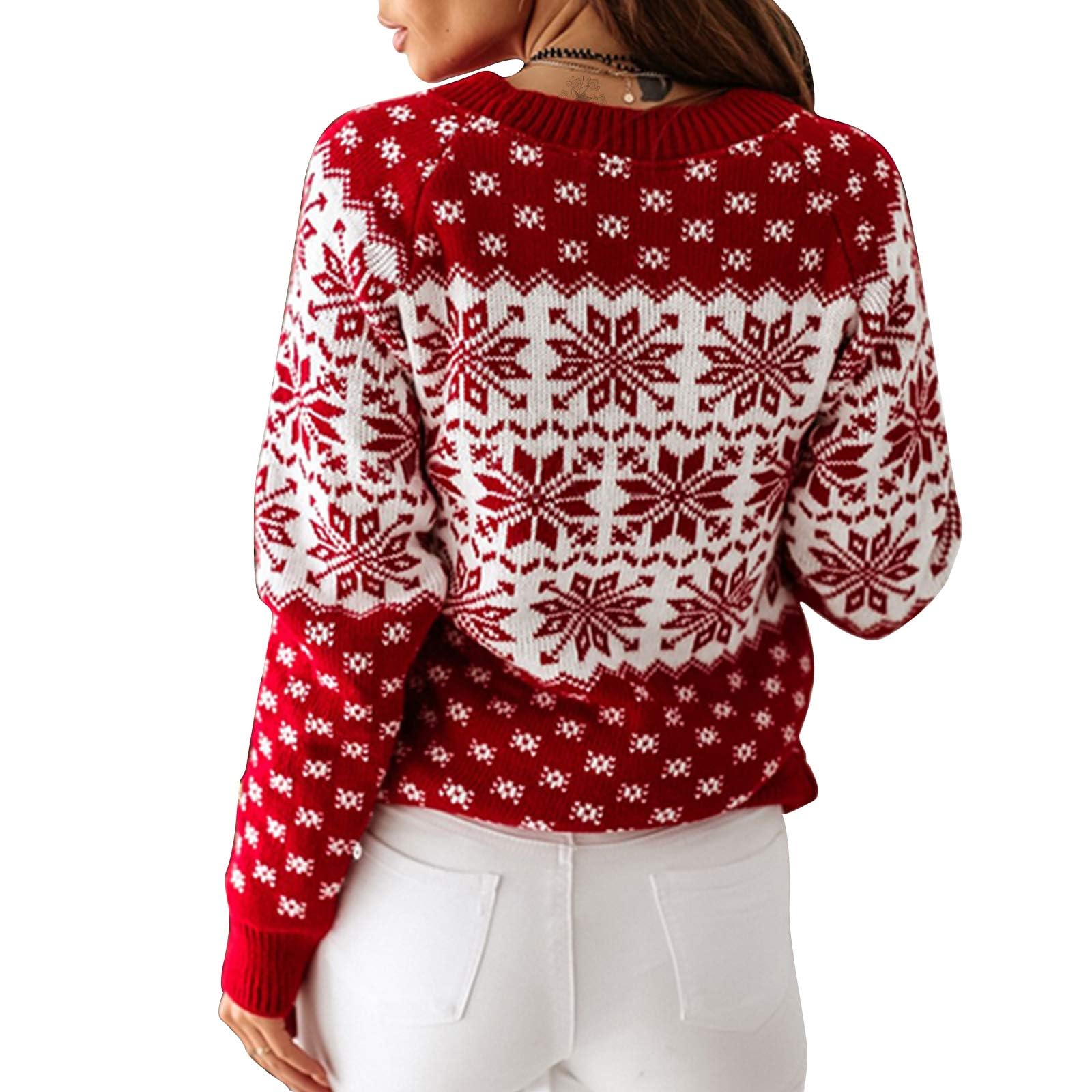 Christmas Sweaters for Women Crew Neck Cute Snowflake Reindeer Heart Pattern Trendy Pullover Knitted Sweater