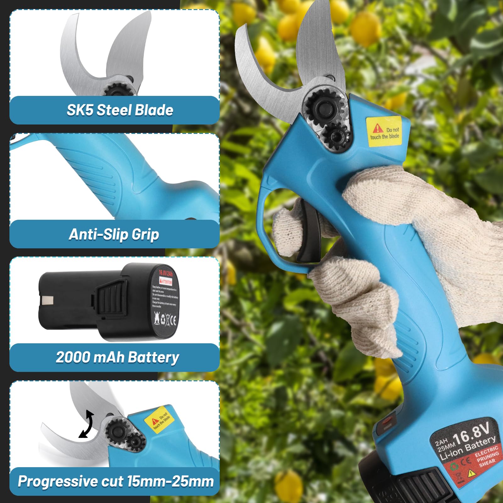 Tijeras de Podar Eléctricas 25MM, Tijeras Podadora Inalámbricas Profesional 16.8V Fuerte Hoja de Acero Dentro para árboles Jardín Olivo