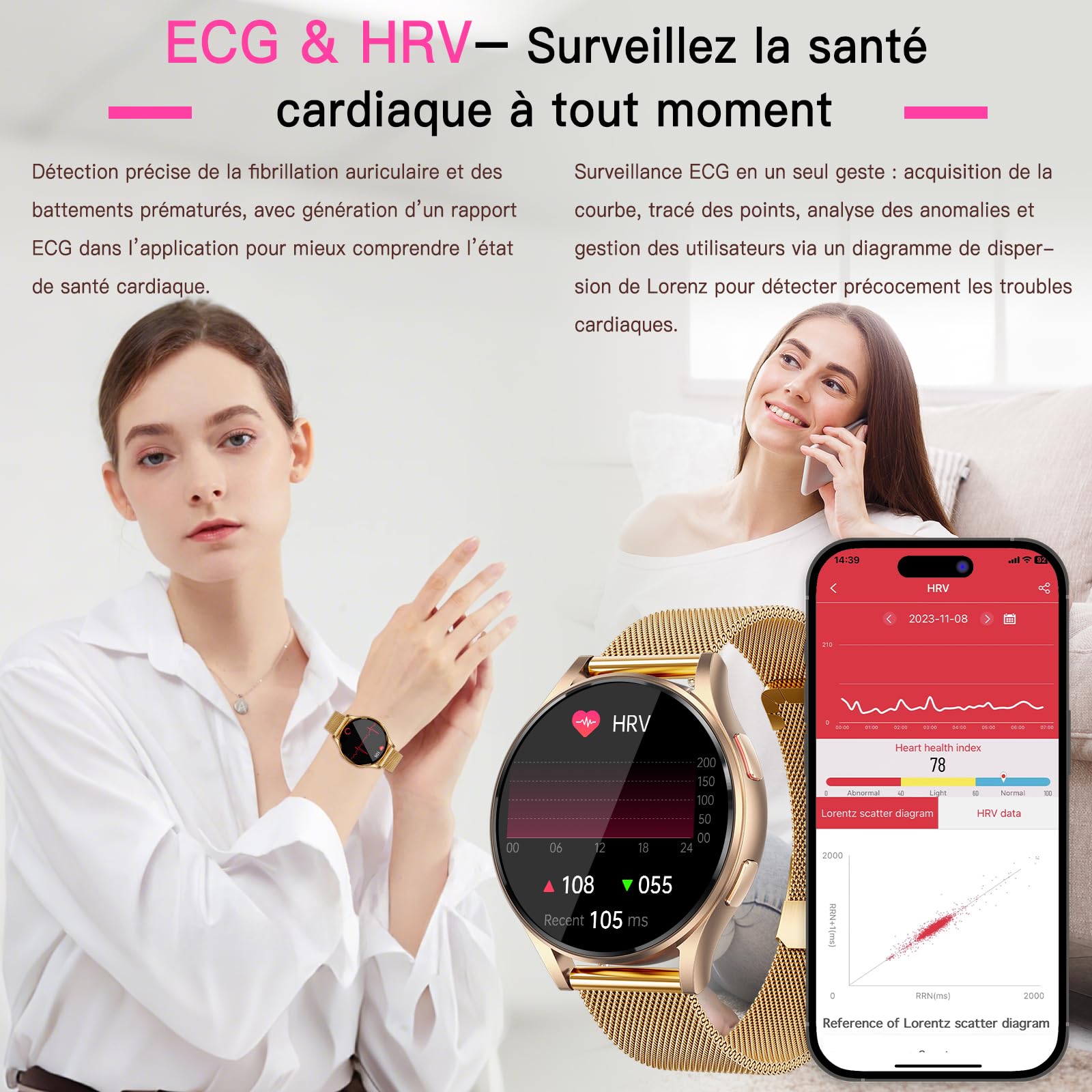 2026 Montre Connectée Femme avec ECG+HRV/IMC, 1,43" AMOLED Smartwatch avec Fonction Féminine, 24H Pressιon artérιelle/Fréquence Cardiaque/SpO2/Sommeil Monitor, IP68 Étanche pour Android iOS