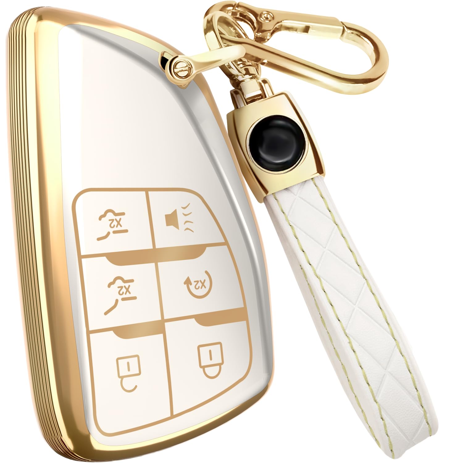 Photo 1 of for GMC Yukon Key Fob Cover and Leather Keychain - Full Cover Key Case for Chevy Suburban, Tahoe for Buick Avenir, Envision - 2021-2023 TPU Keyfob Cover Compatible with YG0G21TB2 - White and Gold