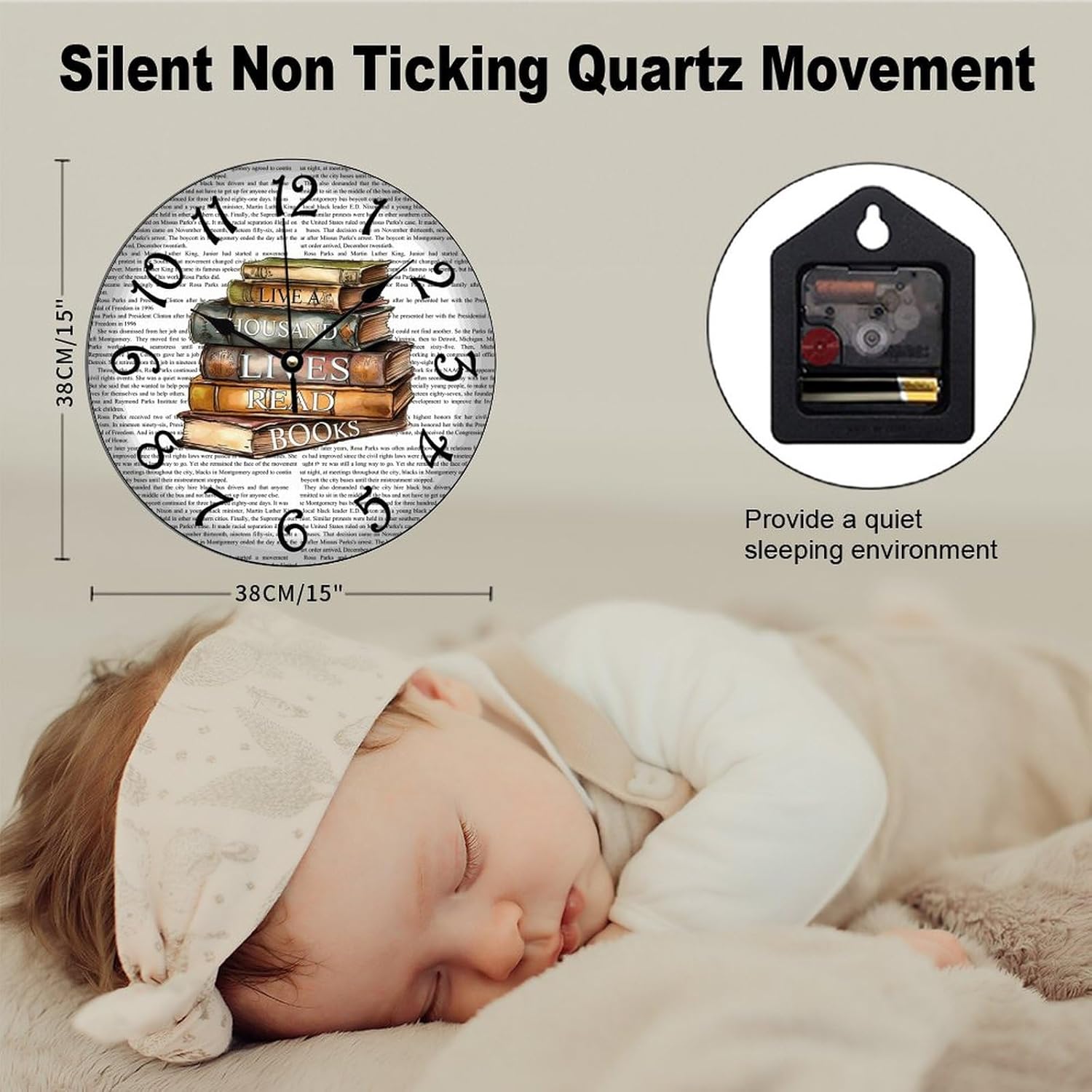 Books Wall Clock 15x15 Inches Farmhouse Kitchen Decor Gifts Bedroom PVC Clock Battery Operated Retro Wall Hanging PVC Wall Clocks for Living Room School Classroom