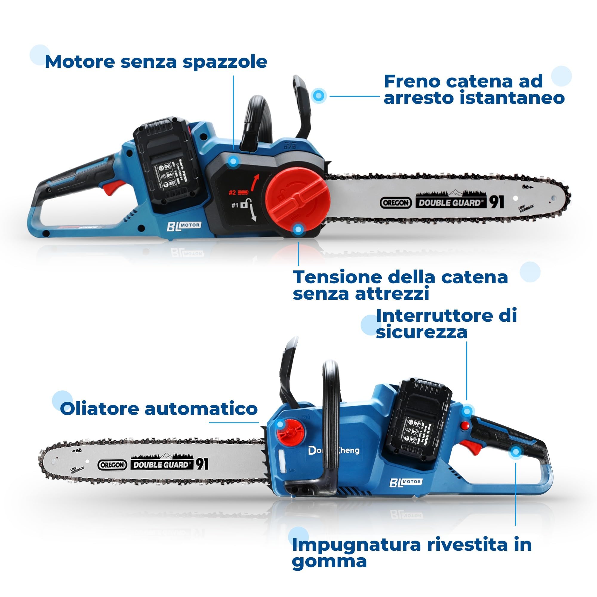 Dong Cheng motosega a batteria senza spazzole 40V (2×20) con guida Oregon, tensione senza attrezzi, taglio 38 cm, velocità catena 14 m/s per legno e giardinaggio