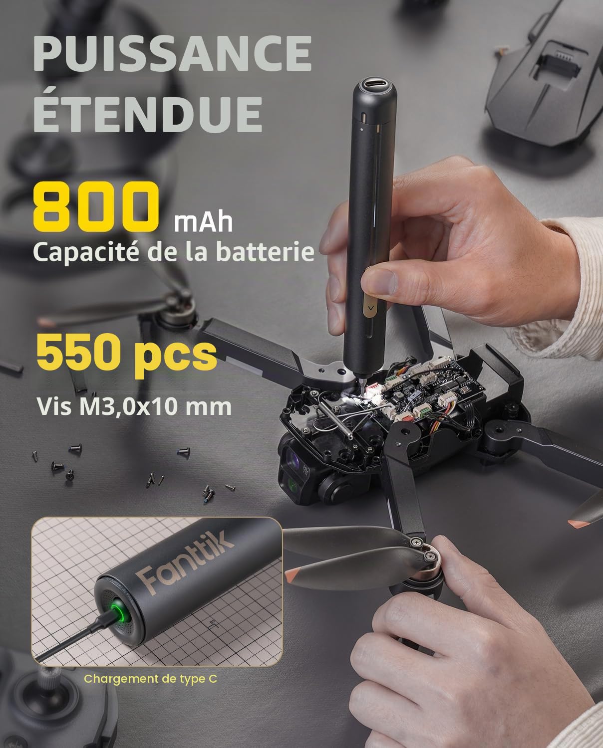 Fanttik E2 Ultra Mini tournevis électrique, couple maximal de 0,6 N.m, tournevis electrique sans fil avec 50 embouts magnétiques,convient pour téléphone portable/caméra/ordinateur portable/montre