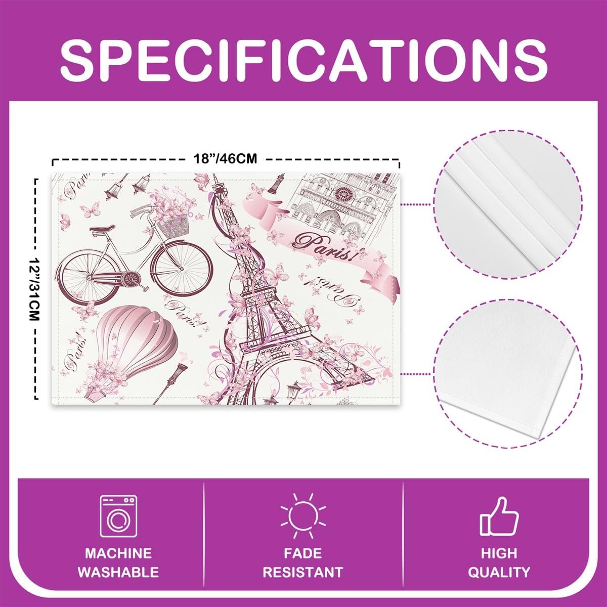 Eiffel Tower Placemats Set of 4 for Dining Table Pink Floral Place Mats 12x18 Romantic Theme Couple Paris Cityscape Printed Heat Resisting Stylish Decorative Table Mats for Girls Women image 4