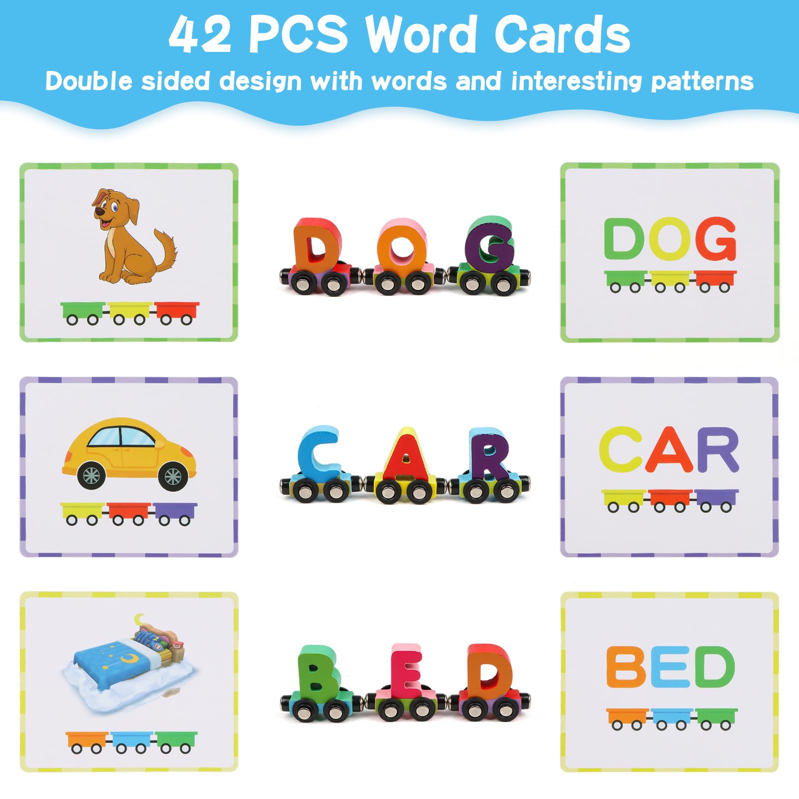 Juguete de tren del alfabeto de madera, 27 piezas, letras magnéticas del alfabeto ABC, incluye 42 tarjetas flash, 1 motor y 1 caja de almacenamiento para niños pequeños y niñas 2