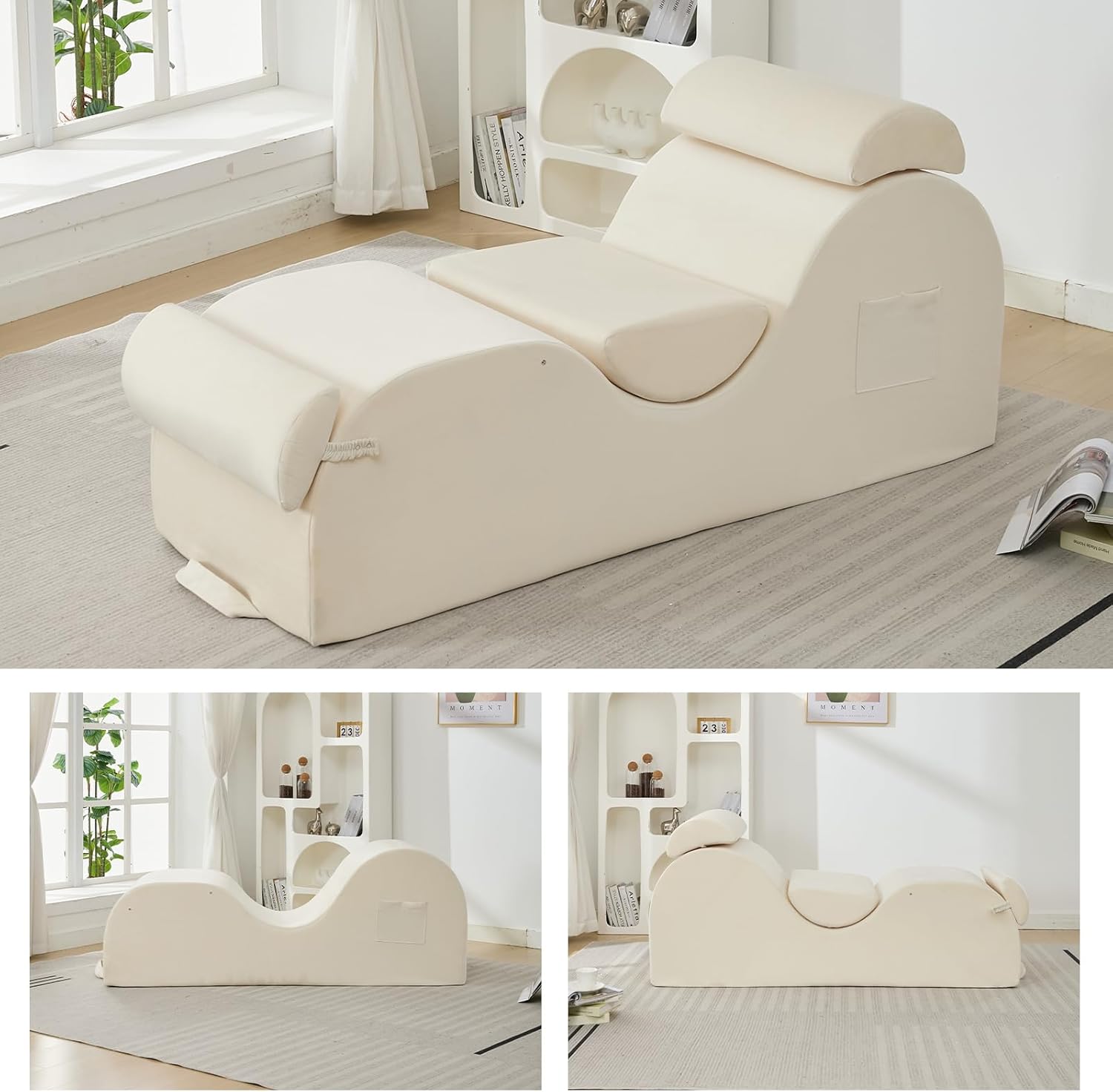 ijuicy 25" Wide Ergonomic Chaise Lounge, Modern Floor Lounger Reading Chair with Adjustable Headrest & Lumbar Support, Movable Footrest, Side Pockets, Non-Slip Bottom, High Density Sponge, Beige