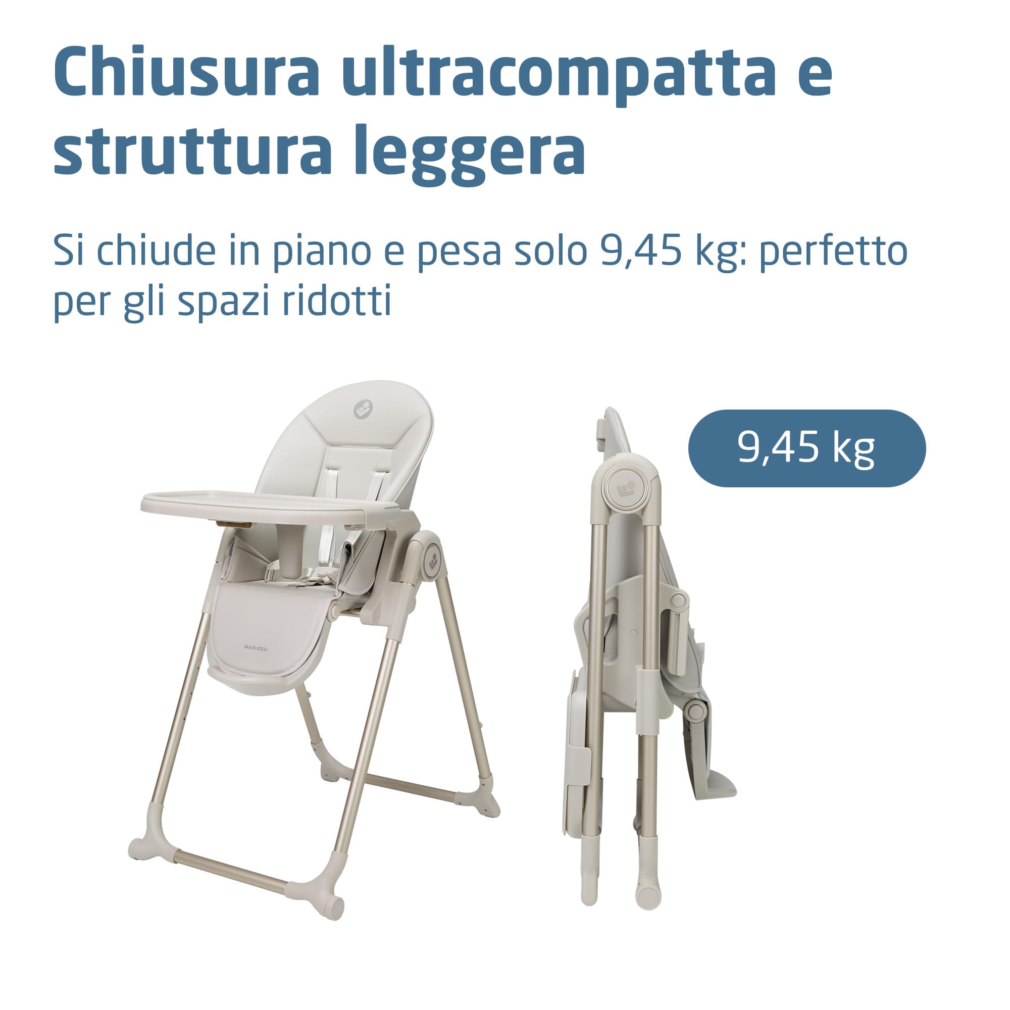 Maxi-Cosi Ava2,Seggiolone Pappa 0-3 Anni (Fino a 15 kg), Seggiolone Pieghevole Compatto, Leggero (9,45 kg), 5 Reclinazioni e 6 Altezze, Vassoio Rimovibile Con Una Mano, 2 Ruote, Elegance Beige