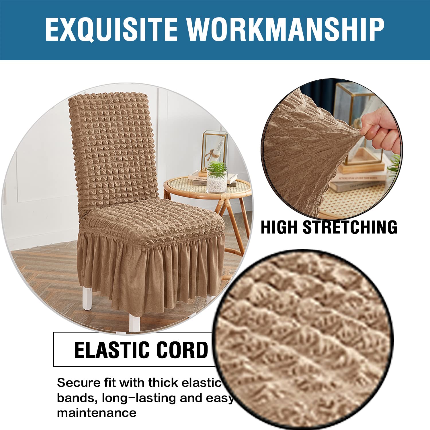 SANOCAY Set of 4 Dining Room Chair Slipcover Parsons Chair Covers with Skirt Stretch Removable Washable Kitchen Decorative Chair Seat Protector for Party Hotel Restaurant Ceremony(Camel, 4PCS)