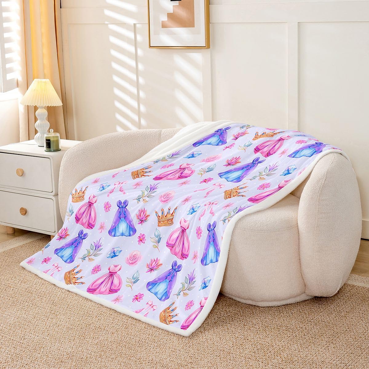 Castle Fairy Lavender Princess Dress Flannel Blanket Crown Flower Kids Girls Sherpa Blankets Dreamy Diamond Bow Print Living Room Decor Lightweight Fleece Blanket Plush Blankets 40"x50" Light Purple image 5