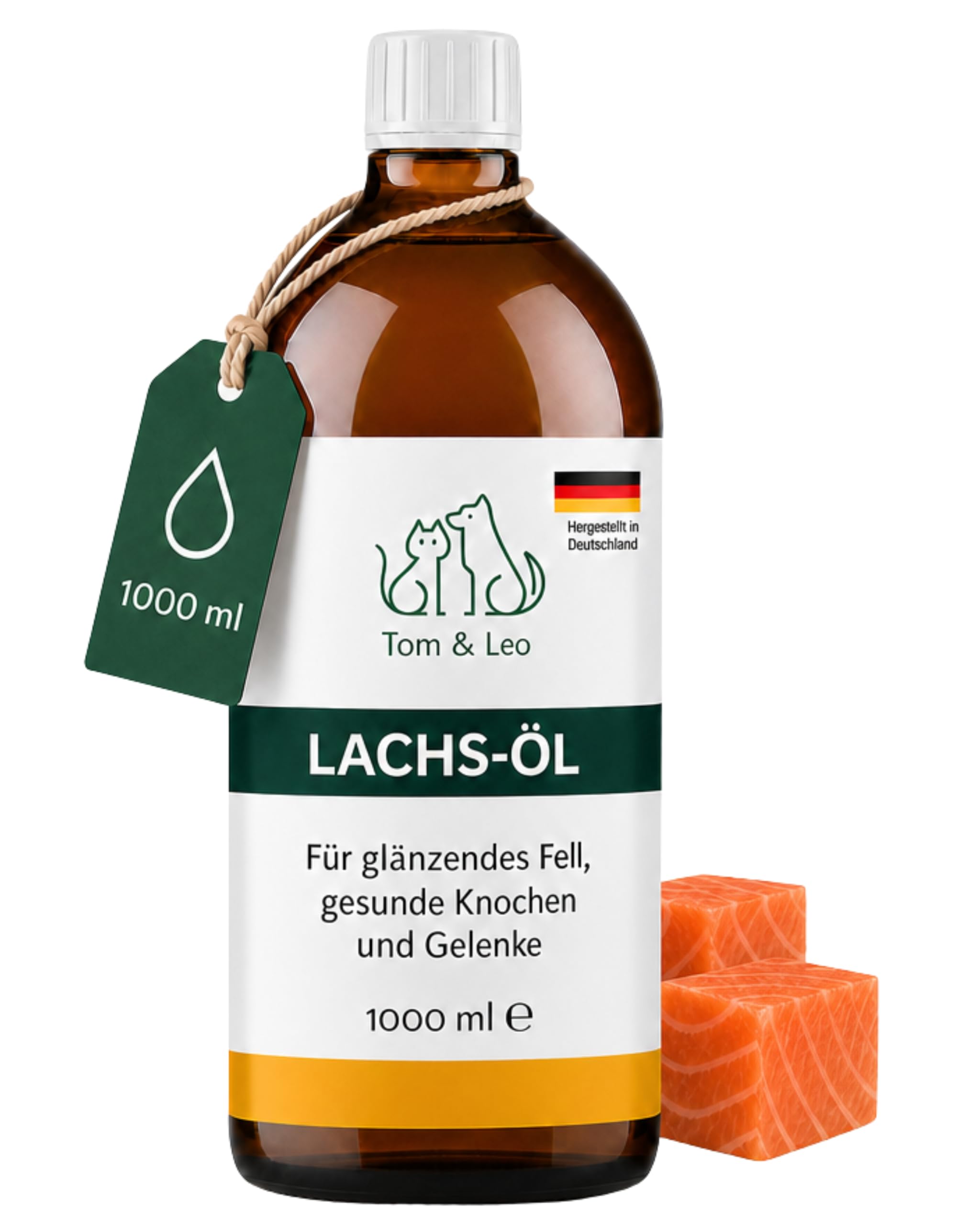 Tom & Leo Huile de saumon pour chiens et chats 1000 ml – Huile de saumon sauvage avec oméga 3-6-9, idéale pour la peau et le pelage, huile de poisson de qualité supérieure pour chiens