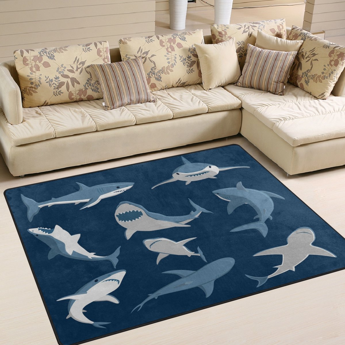 Use7 Blue Cartoon Shark Print Area Rug Rugs for Living Room Bedroom 160cm x 122cm(5.3 x 4 feet)
