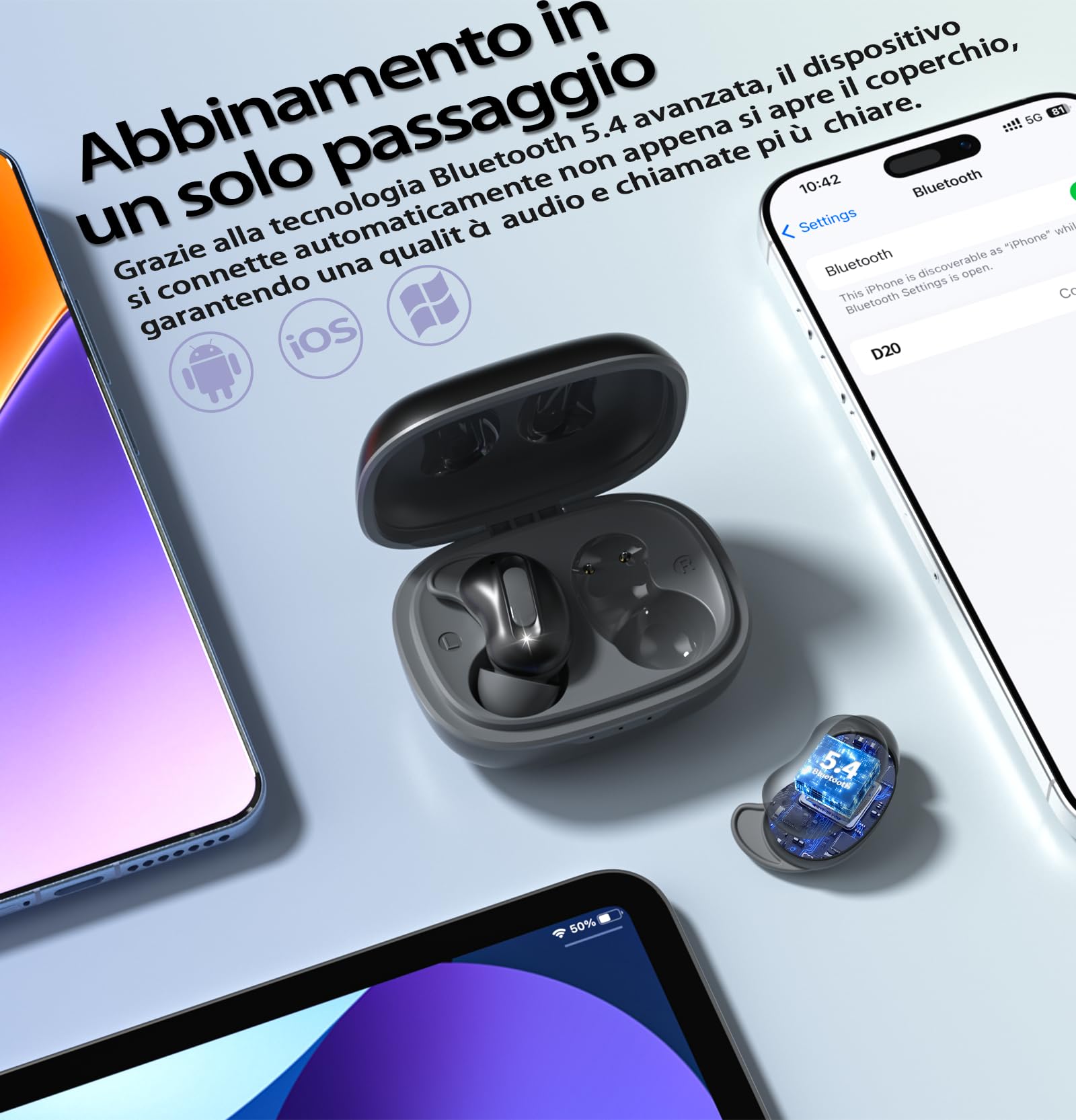 Cuffie per Dormire, Cuffie Bluetooth 5.4, audio stereo con bassi profondi, Riduzione del rumore ANC/ENC, 48 Ore Auricolari In Ear con Modalità di Sospensione, touch control, IPX7 Impermeabile, Nero