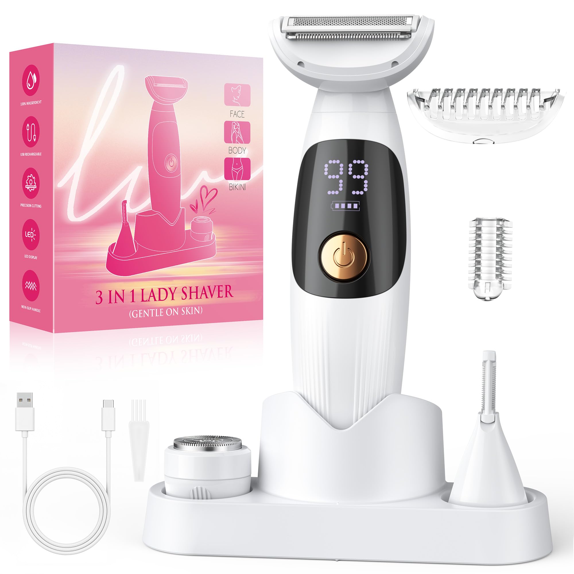 Rasierer Damen,3-In-1 Intimrasierer für Frauen & Gesichtshaarentferner für Frauen,IPX7 Wasserdicht, Nass&Trocken,Damenrasierer Elektrisch für Bikinizone,Achseln,Beine,Bikini Trimmer mit USB Aufladung