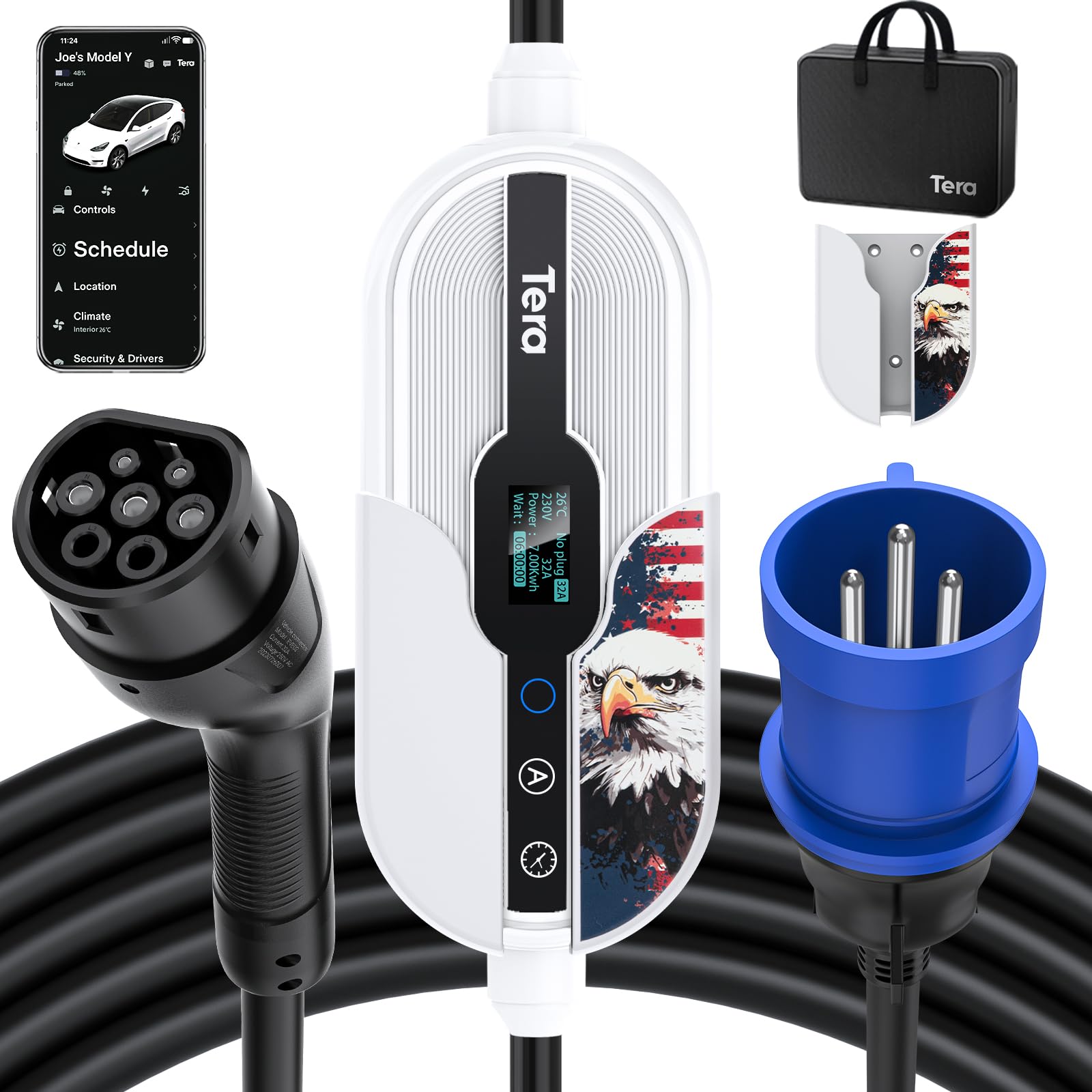 Tera Portable Electric Vehicle Charger: 7.6 kW Type 2 EV Charger with 32 Amp and 240 V WLAN & Bluetooth Adjustable Current 7 m Charging Cable with Holder CEE 3-Phase Plug IEC 60309, White Eagle