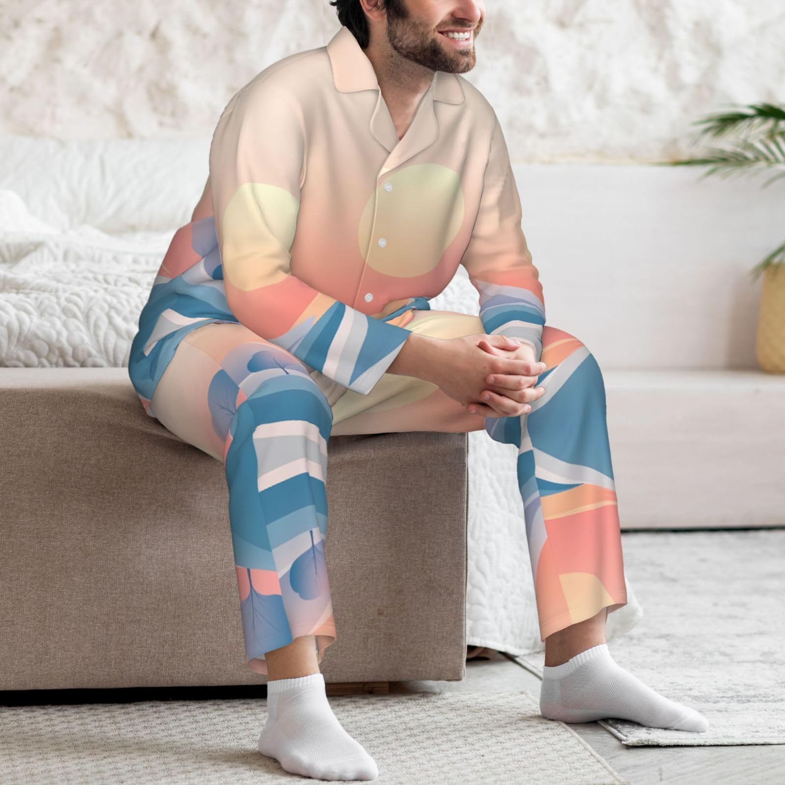 Tramonto pittura per bambini Modelli morbido pigiama a maniche lunghe set per uomo, abbigliamento casual loungewear, elastico in vita, doppie tasche laterali