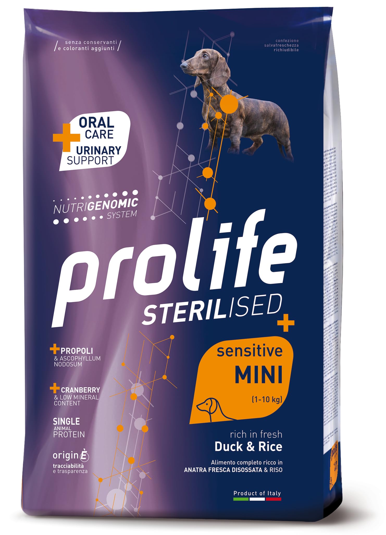 PROLIFE Cane Sterilised Sensitive Adult Duck & Rice - Mini | alimento secco completo per cani adulti sterilizzati e/o sensibili di taglia piccola, prodotto monoproteico, 1 confezione da 2kg.