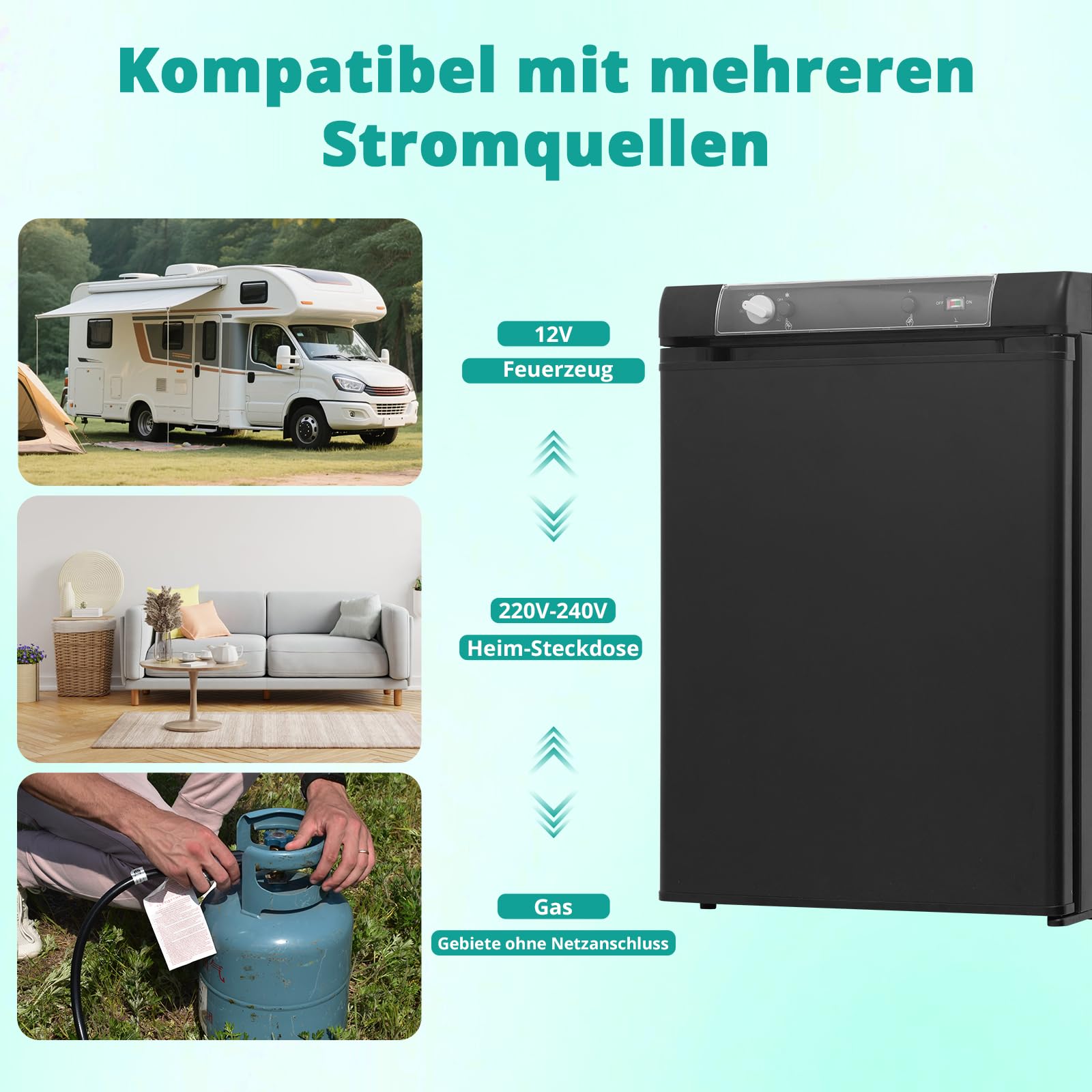 SMETA Camping kühlschrank 12V 230V Gas,Wohnmobil Kühlschrank 60L,Gas Kühlschrank,3 Wege Kühlschrank 60L, Tragbarer Kühlschrank für Wohnmobil, Wohnwagen, LKW, Van, Garage, Cottage, Leiser 0dB