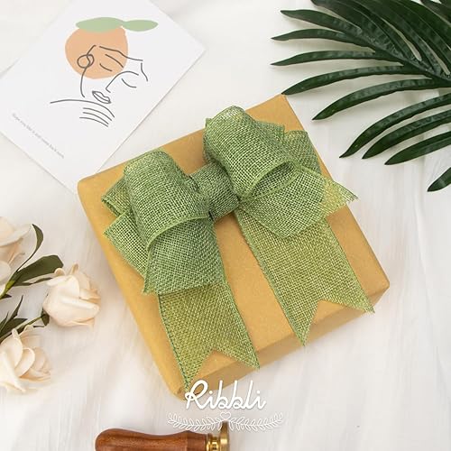 Miniatura 3 de Ribbli Cinta con alambre de arpillera verde salviamusgo primaveral, 2 pulgadas x 10 yardas continuas, cinta de borde con alambre para lazo grande,