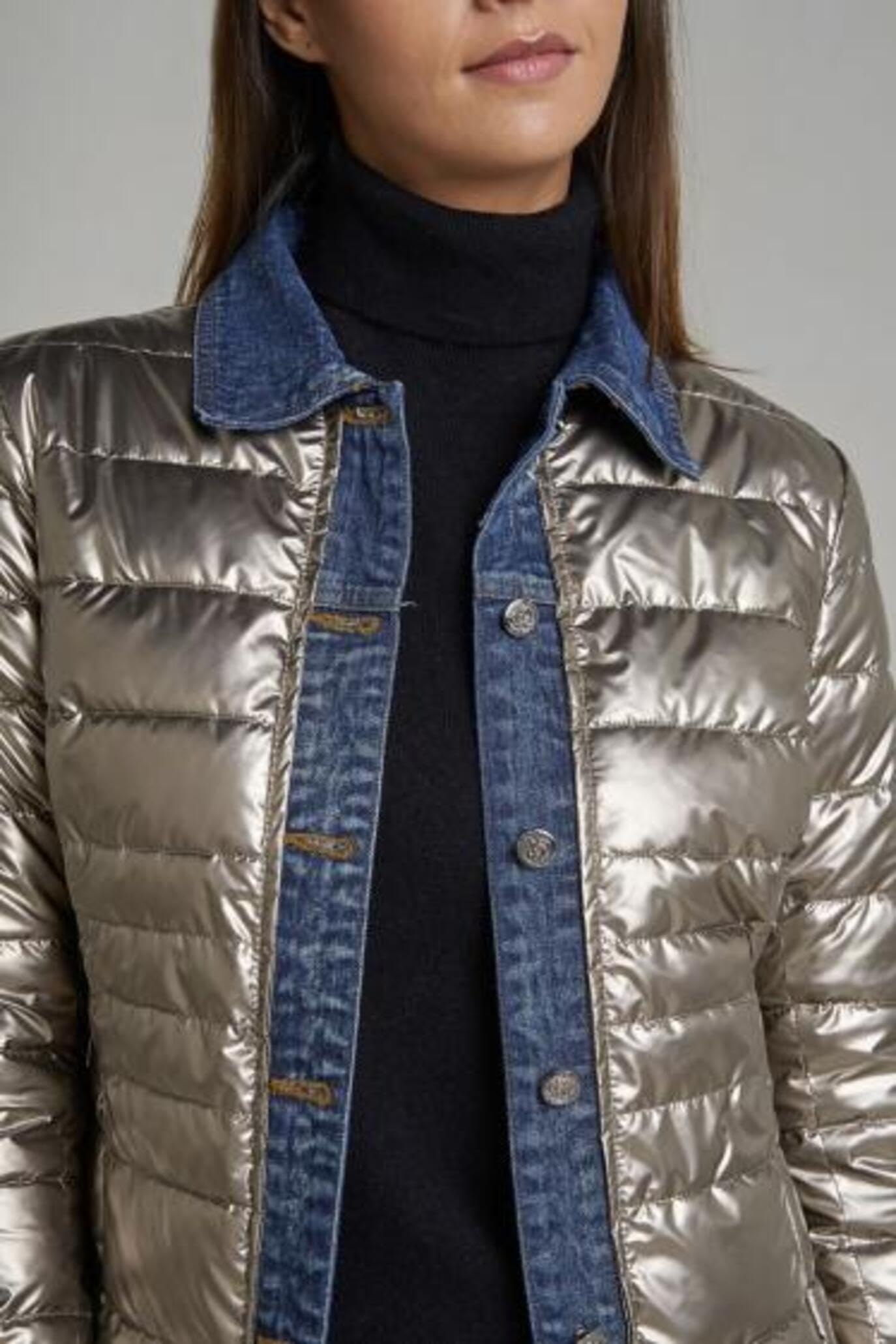 Miro Boho Chic New York 88 Veste matelassée pour femme bi-matière Denim et métallisé