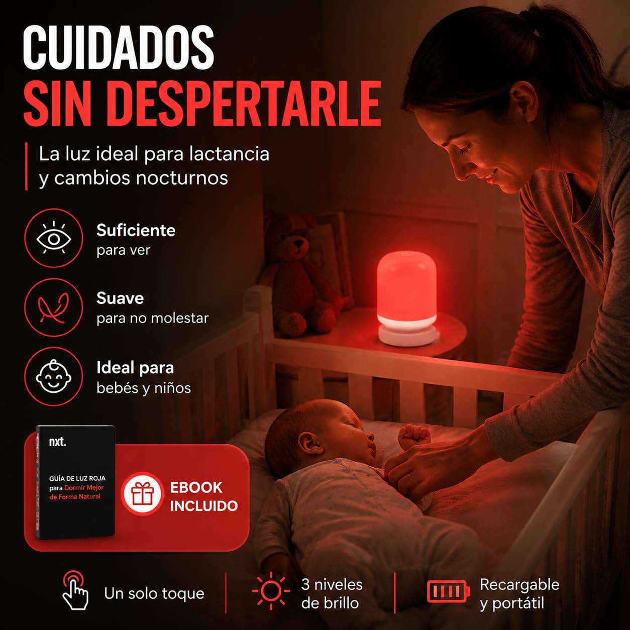 NXT - Lampara Luz Roja Nocturna Melatonina 625nm + EBOOK | Lampara Luz Roja Bebe y Adultos Para Dormir Mejor | Lámpara Luces Rojas Portátil Recargable USB | 3 Niveles de Brillo | Luces Rojas Nocturna